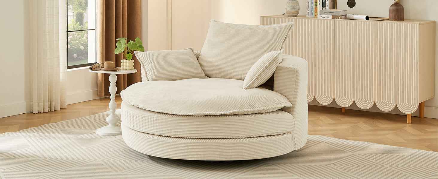 Accent Barrel Chair 360° Swivel Sofa Chair with Dual-layer Cushion and 3 Removable Pillows, Beige Corduroy, 57.5'