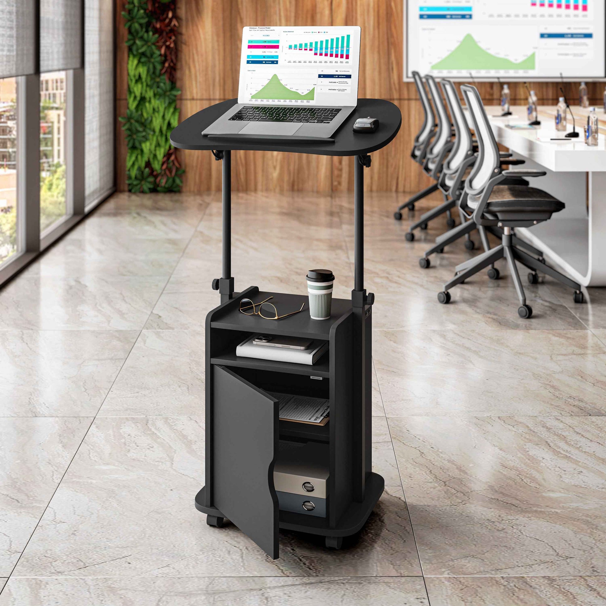 Techni Mobili Sit-to-Stand Rolling Adjustable Laptop Cart With Storage, Black