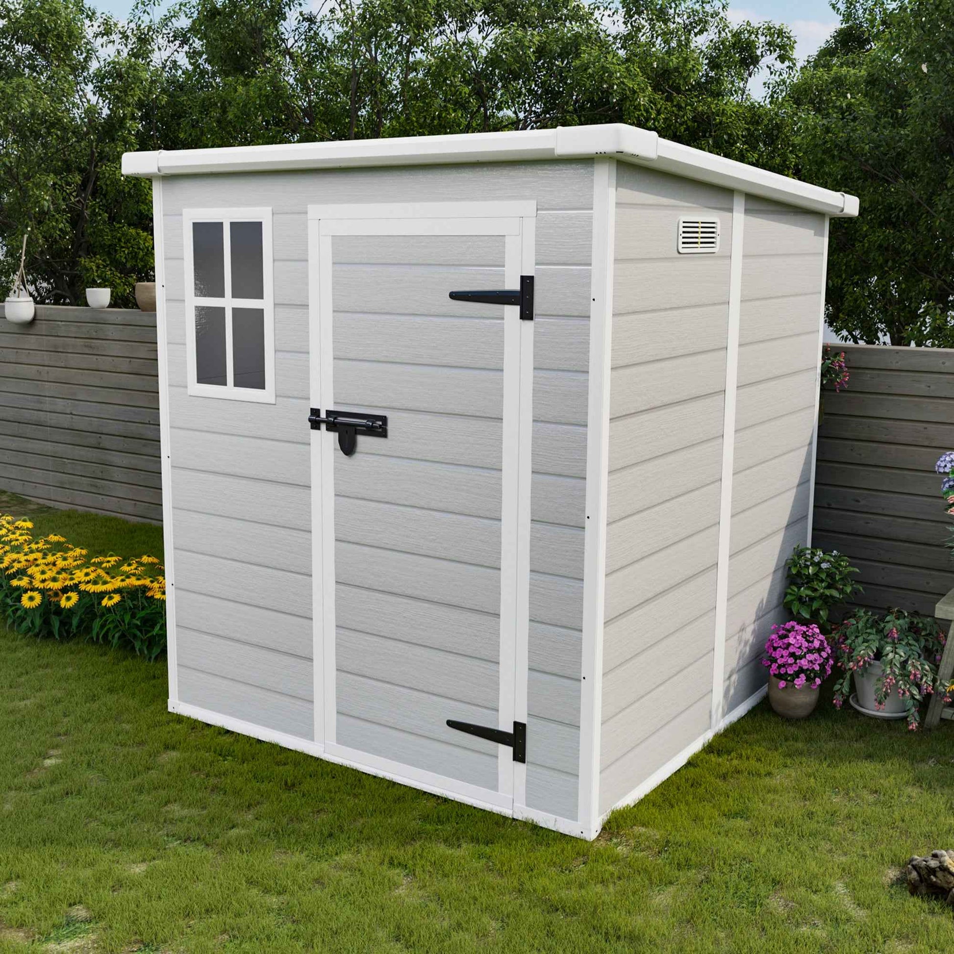 6x6 FT Storage Shed, Waterproof Resin Outdoor Storage Shed with Floor & Window &  Lockable Doors and  Vents, Tool Shed for Bike, Garden, Backyard,Lawn, All Weather Use, Light Grey