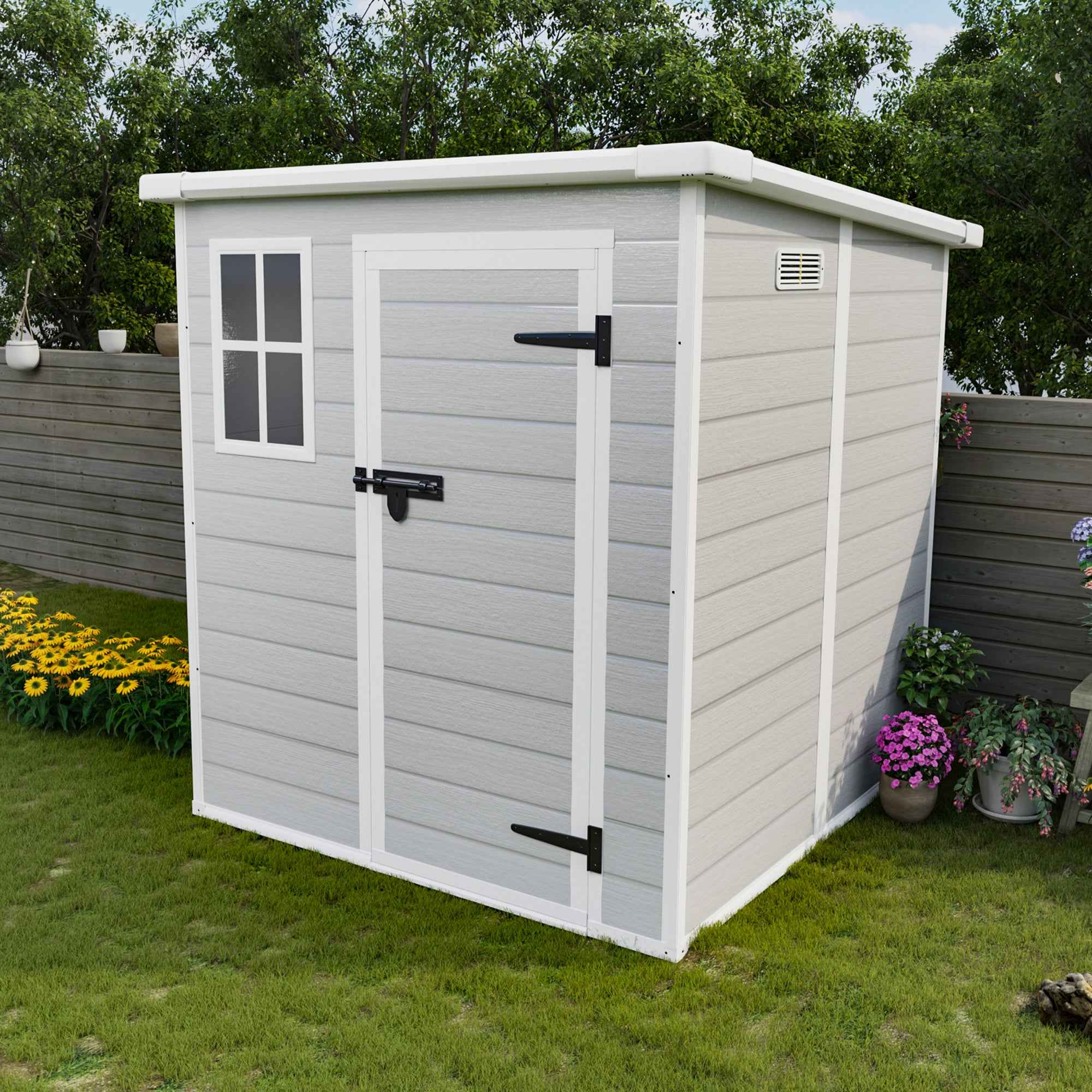 6x6 FT Storage Shed, Waterproof Resin Outdoor Storage Shed with Floor & Window &  Lockable Doors and  Vents, Tool Shed for Bike, Garden, Backyard,Lawn, All Weather Use, Light Grey