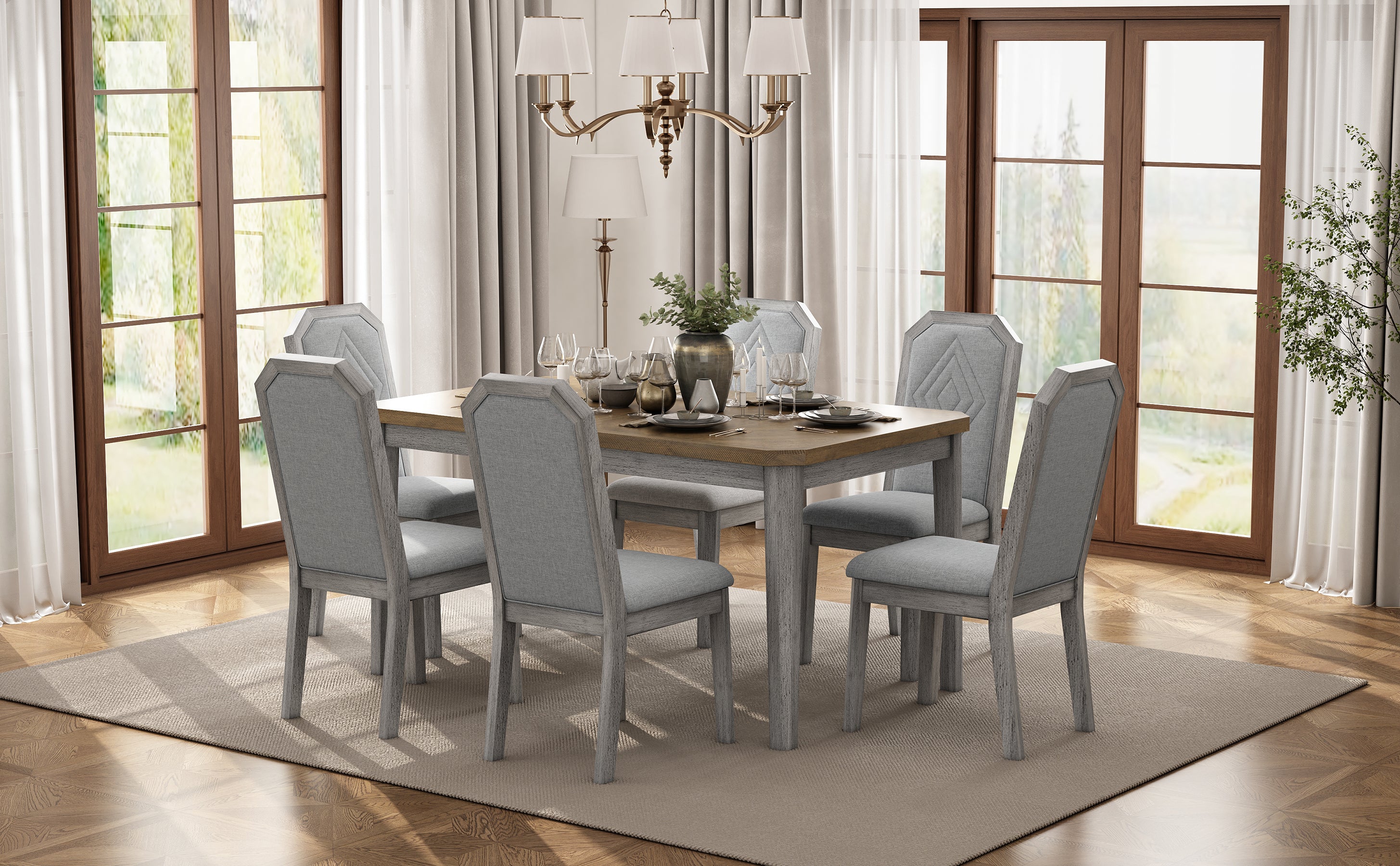 TREXM 7-Piece Farmhouse Dining Set Classic Rustic Table and 6 high-back design Chairs for Dining Room, Kitchen (Brown+Gray)