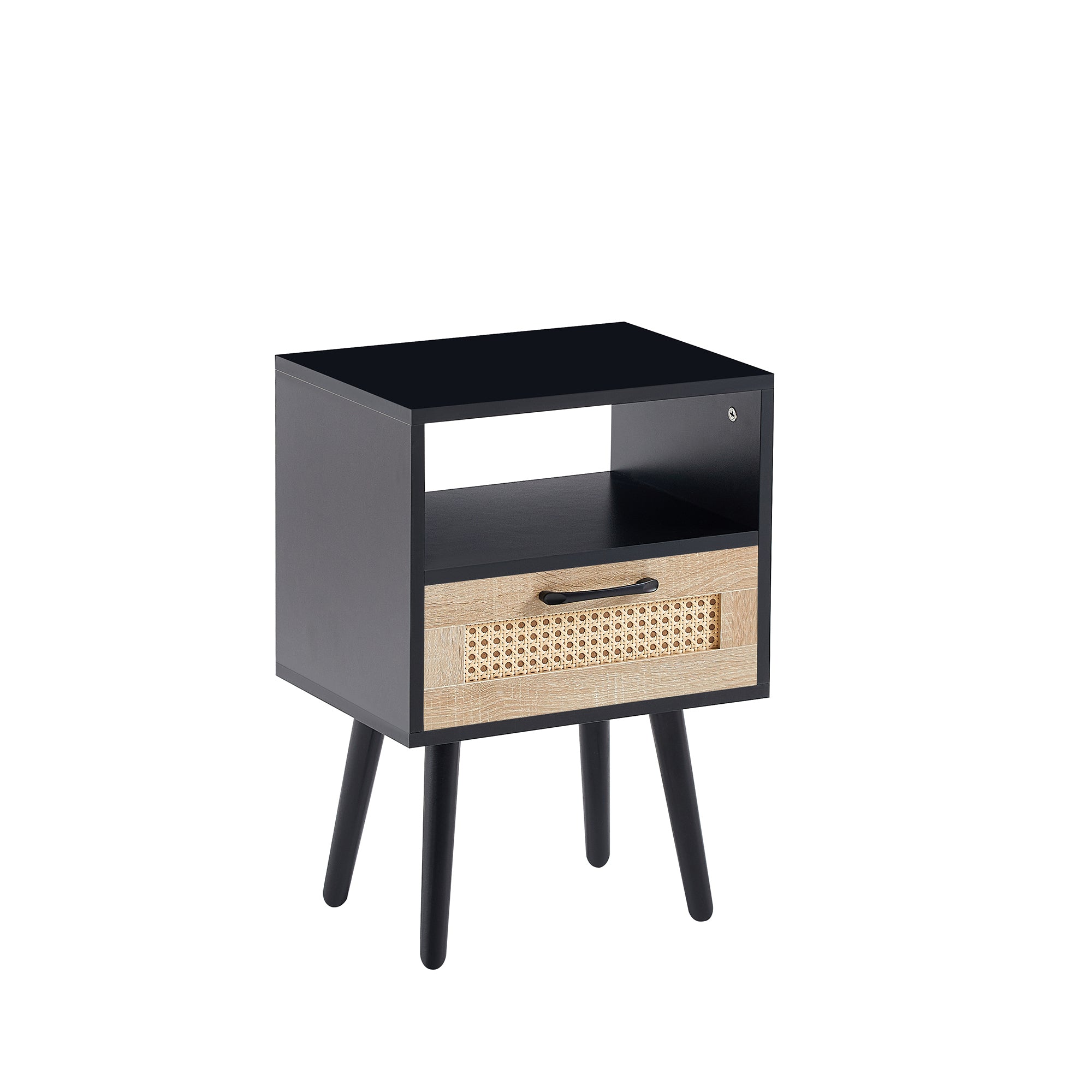 15.75" Rattan End table with  drawer and solid wood legs, Modern nightstand, side table for living room, bedroom, black