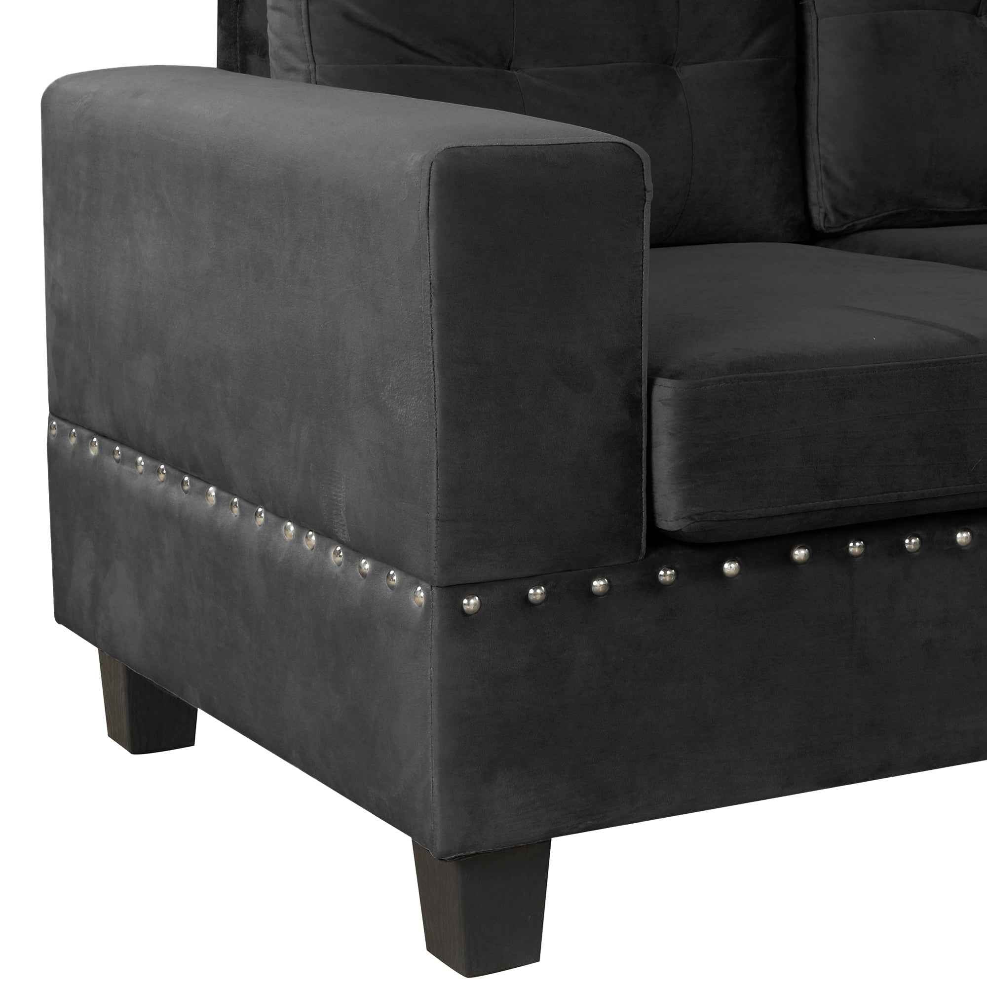 Modern Sectional Sofa with Storage Ottoman, L-Shape Couch with 2 Pillows and Cup Holders, Black Velvet, 105'