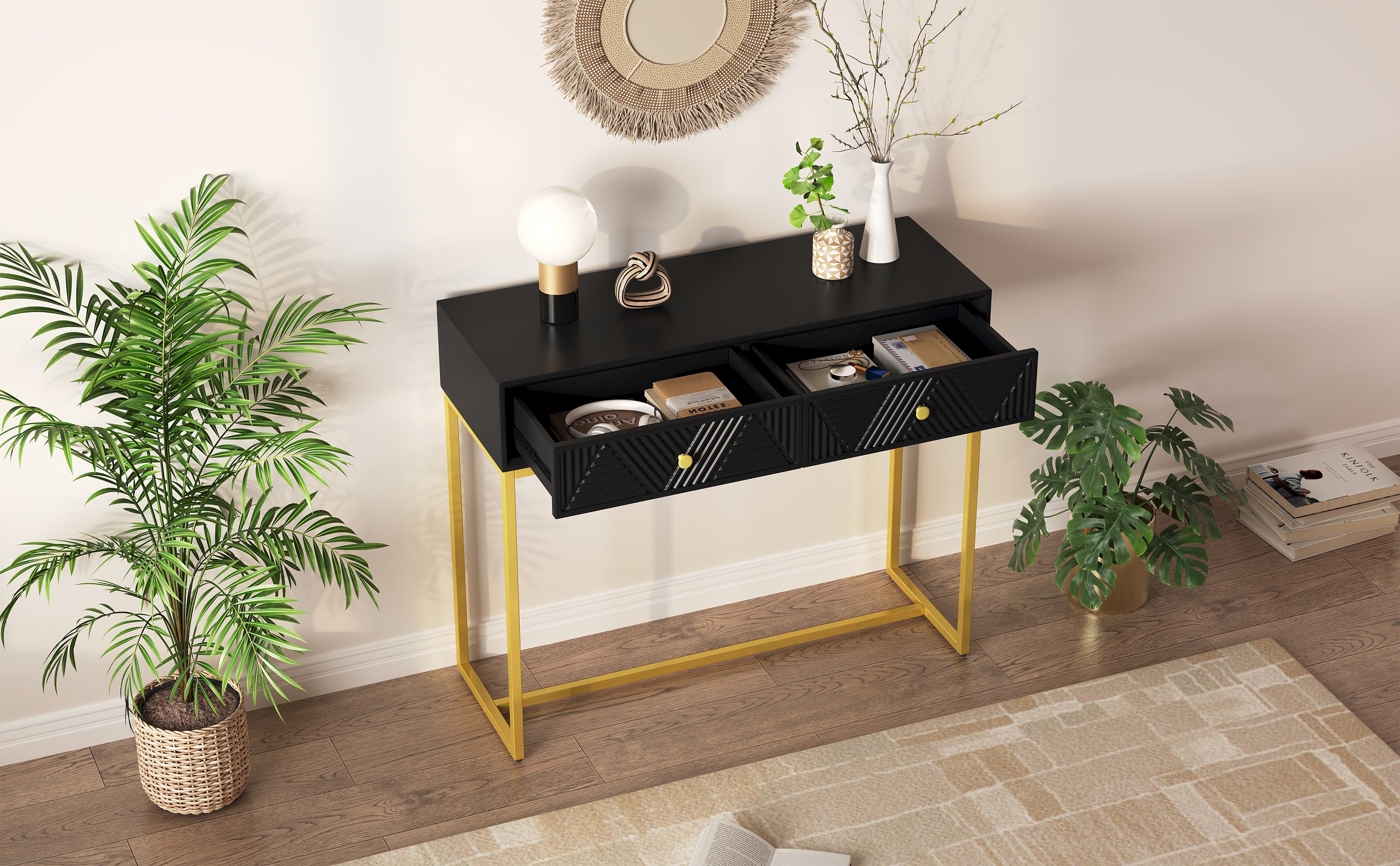 TREXM Modern Sleek Console Table Two Drawers with Stripe Design for Living Room and Entryway (Black)