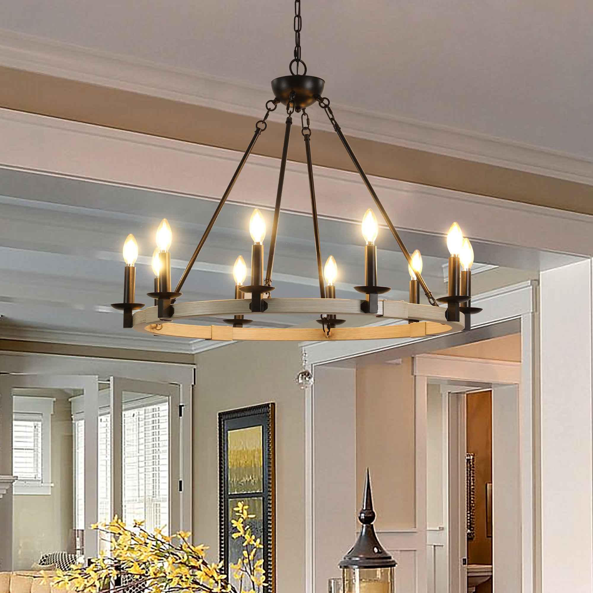 32' Rustic Farmhouse 10-Light Candle Chandelier, Black Metal and Wood Round Hanging Light Fixture for Dining Room, Kitchen, Living Room, Adjustable Height, E12 Bulb Base (No Bulbs)