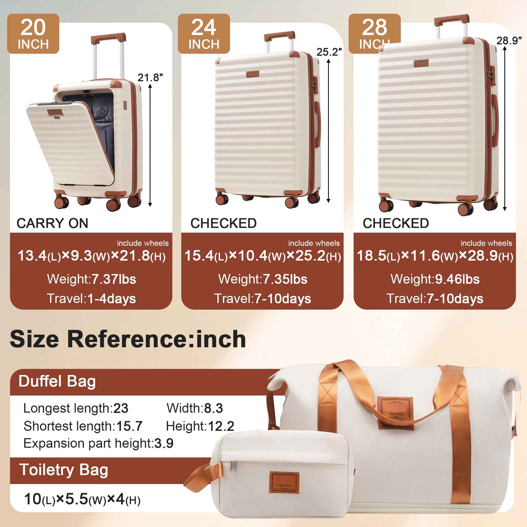 Luggage Sets 5 Piece with Front Opening , Hardside Expandable Carry on Suitcase with Spinner Wheels TSA Lock USB Port  Cup Holder Duffel Bag and Toiletry Bag