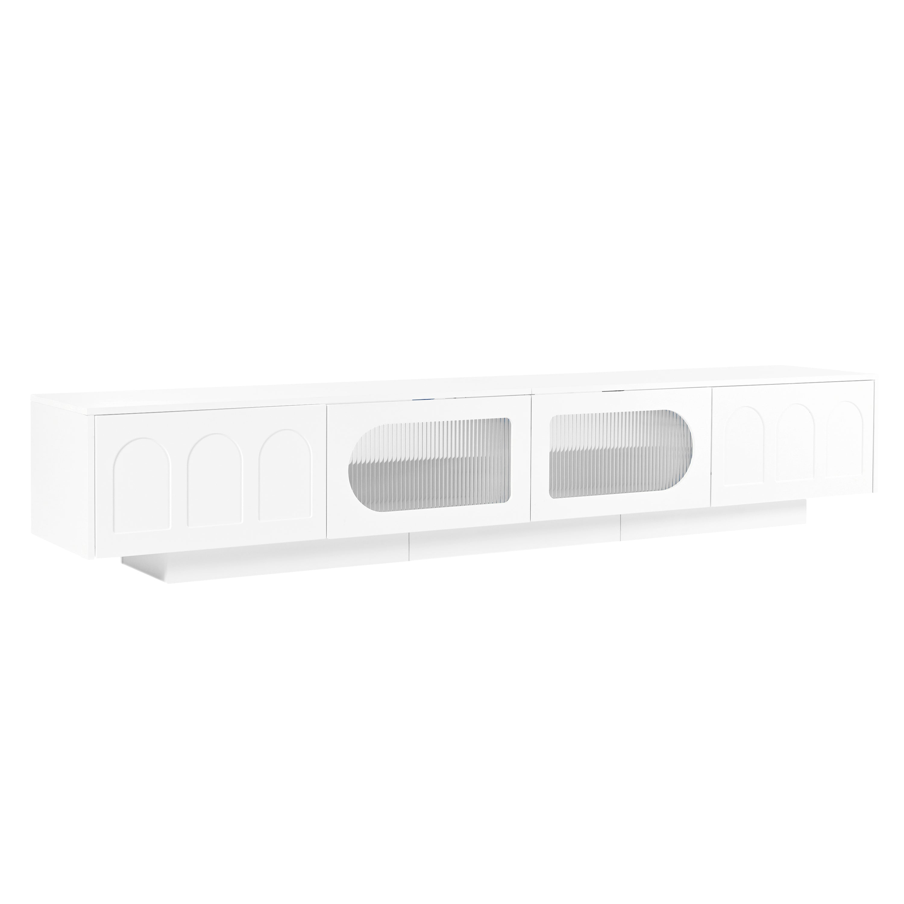 ON-TREND TV Stand with Fluted tempered Glass Doors for TVs Up to 95'', Functional Media Console with Arched Cabinet Doors, Entertainment Center with APP-Controlled LED Light for Living Room, White