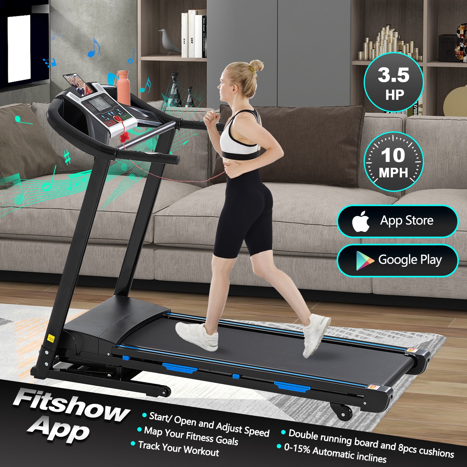 Treadmills for Home, Electric Treadmill with  Automatic Incline, Foldable 3.5HP Workout Running Machine Walking, Double Running Board Shock Absorption Pulse Sensor Bluetooth Speaker APP FITSHOW.