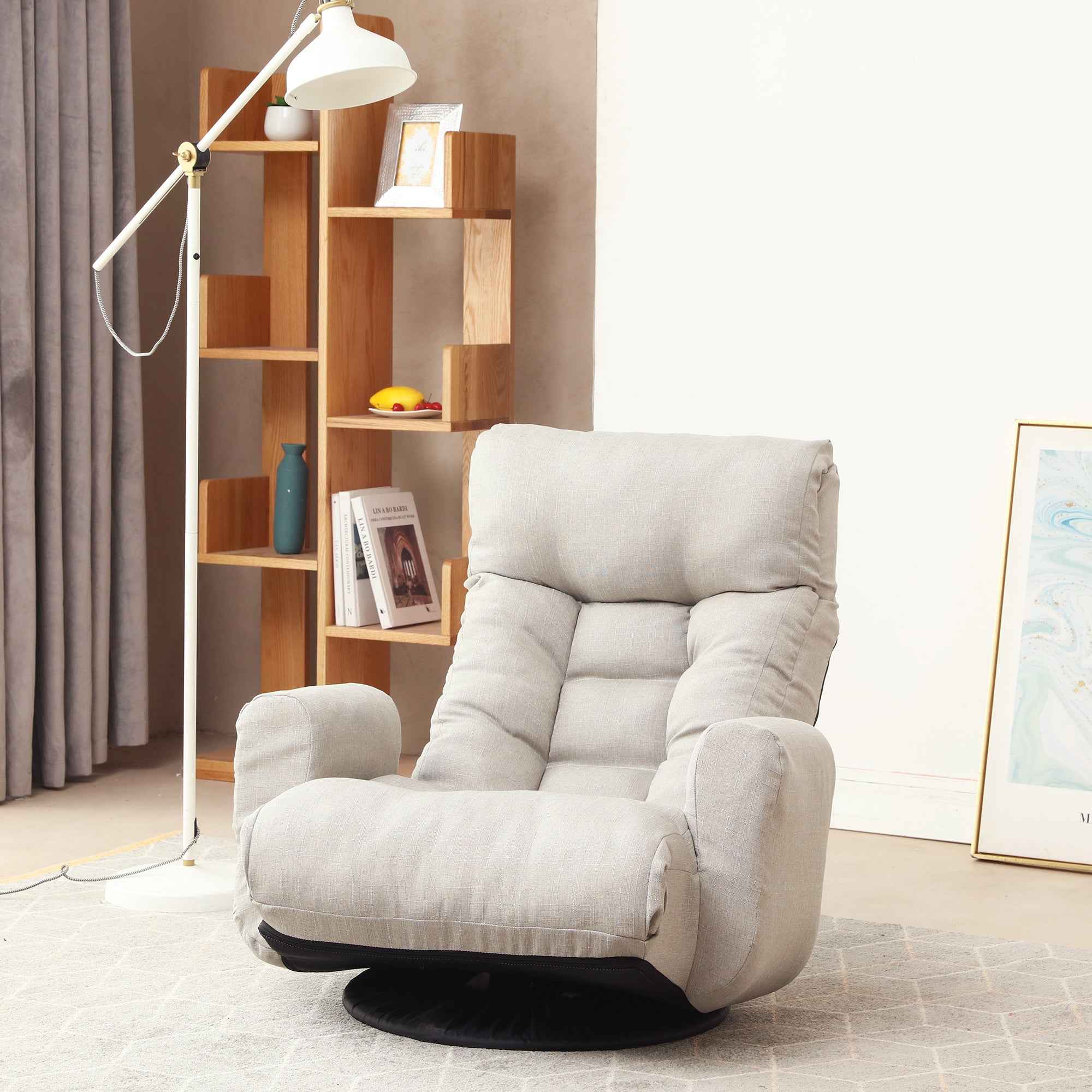 Modern Gray with Metal Frame Swivel Game Lounge Chair with Adjustable Headrest and Waist Support – 360-Degree Rotatable Leisure Chair for Living Room