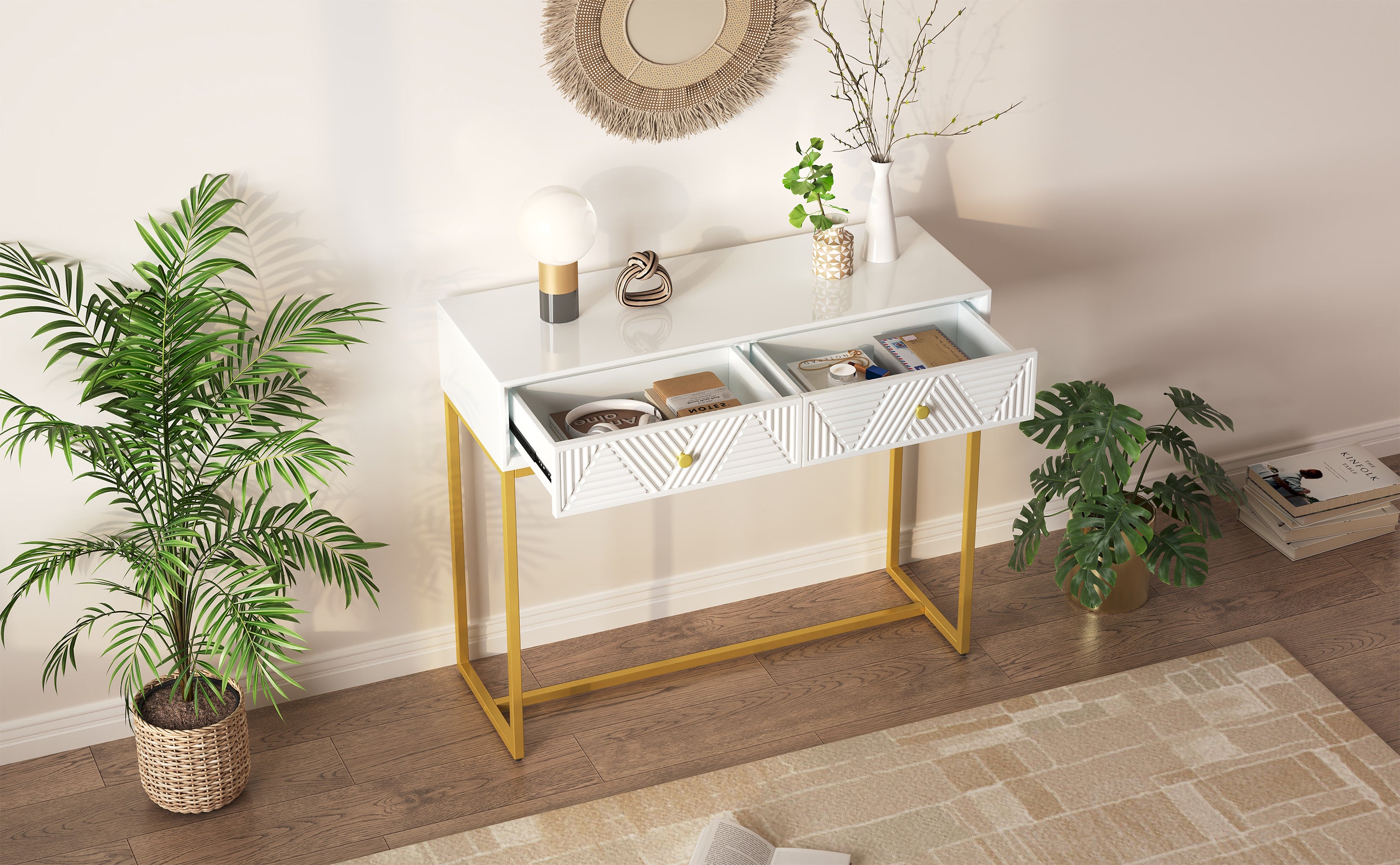 TREXM Modern Sleek Console Table Two Drawers with Stripe Design for Living Room and Entryway (White)