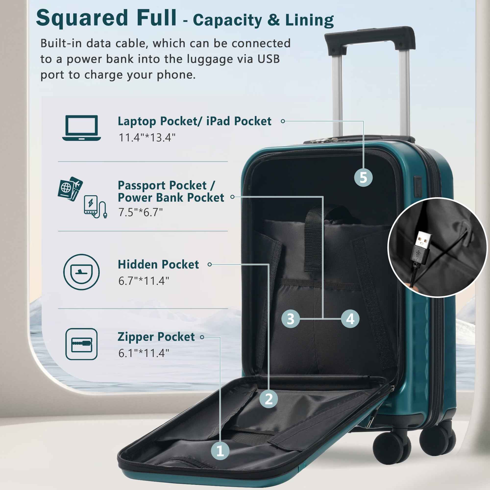 Front Opening Luggage Set 3 Piece, Hardside Carry on Suitcase with USB Port, Expandable Luggage with Handle Bag Spinner Wheels TSA Lock