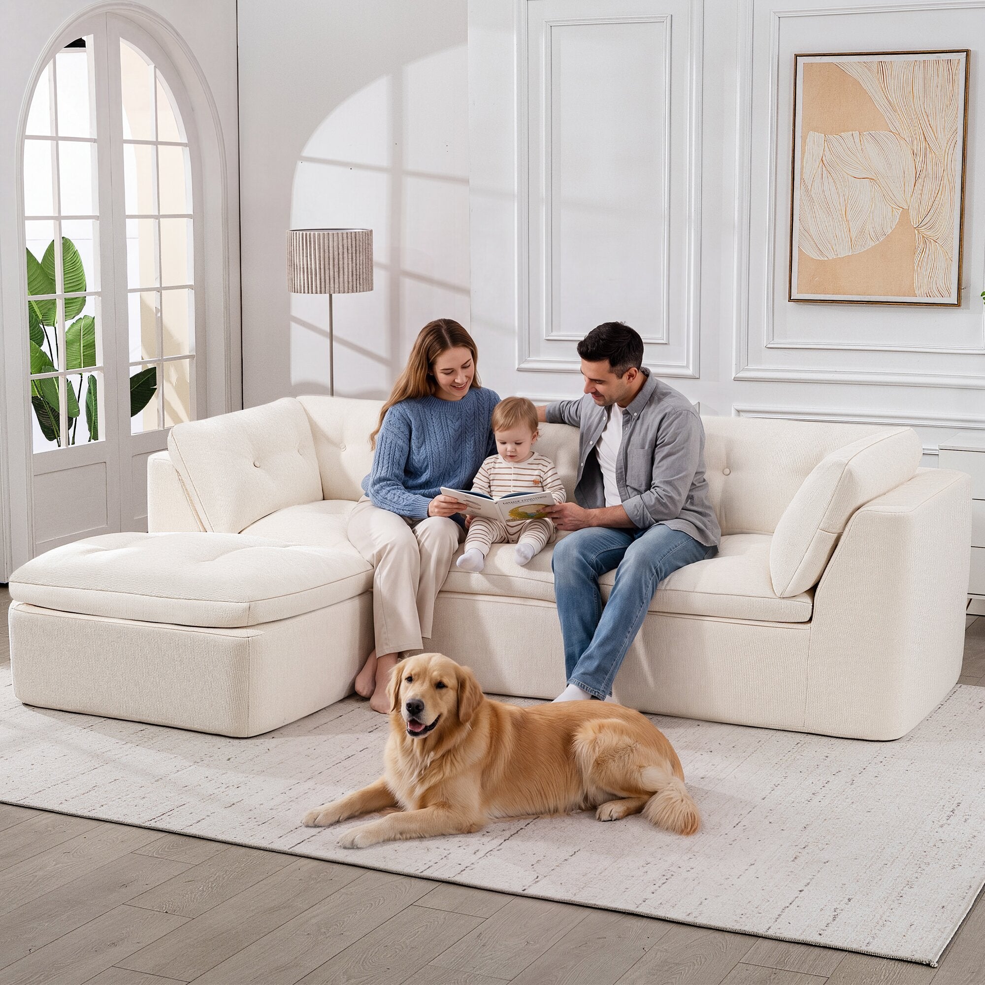 Modern Cloud-style Living Room Sofa, Deep Seat Convertible L-shaped Frame-free Sofa (with Ottoman), Oversized Comfortable 4-seater Chenille Fabric Compressed Sofa, Modular Sectional Sofa