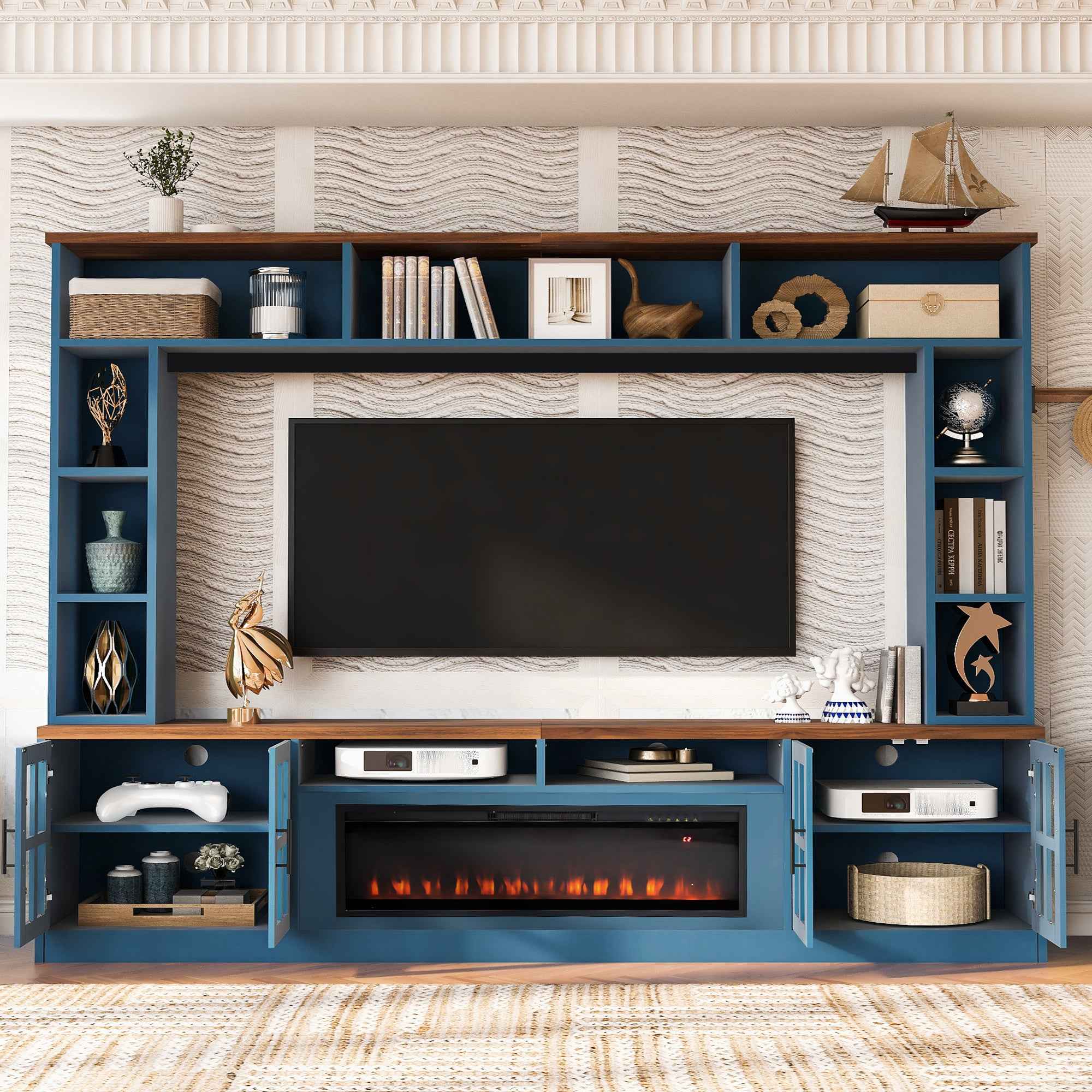 U-Can 95.5' W Wall Unit Entertainment Center with Bookshelves for TVs up to 80', Modern TV Stand Media Console with electric fireplace  Cabinets,  and Adjustable Shelves for Living Room