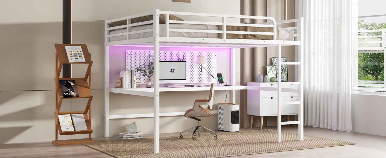 Metal Queen Size Loft Bed with Power Outlet and LED Lighted, Space-Saving, Noise Reduced, White