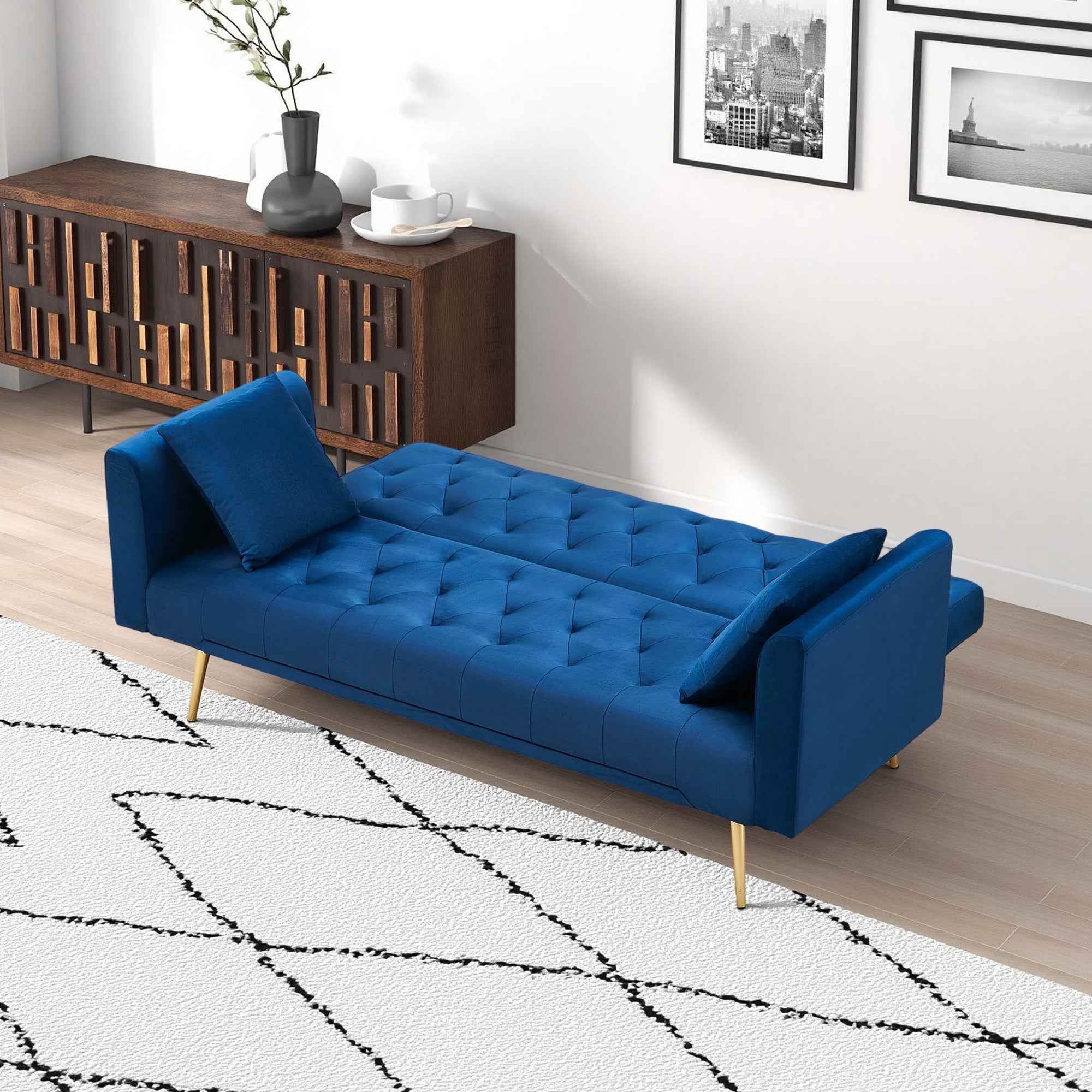 71-inch convertible love seat sofa, American retro blue velvet material, suitable for small living room, bedroom, office
