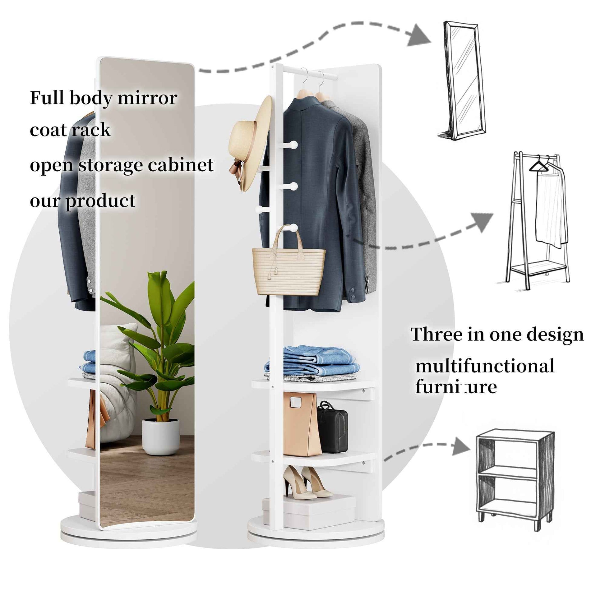 360° Rotating 69'x20' Multifunctional Full Length Mirror with Hook Storage Rack Coat Rack with Mirror Solid Wood Floor Mirror Bedroom Living Room Cloakroom Space Saving (white)