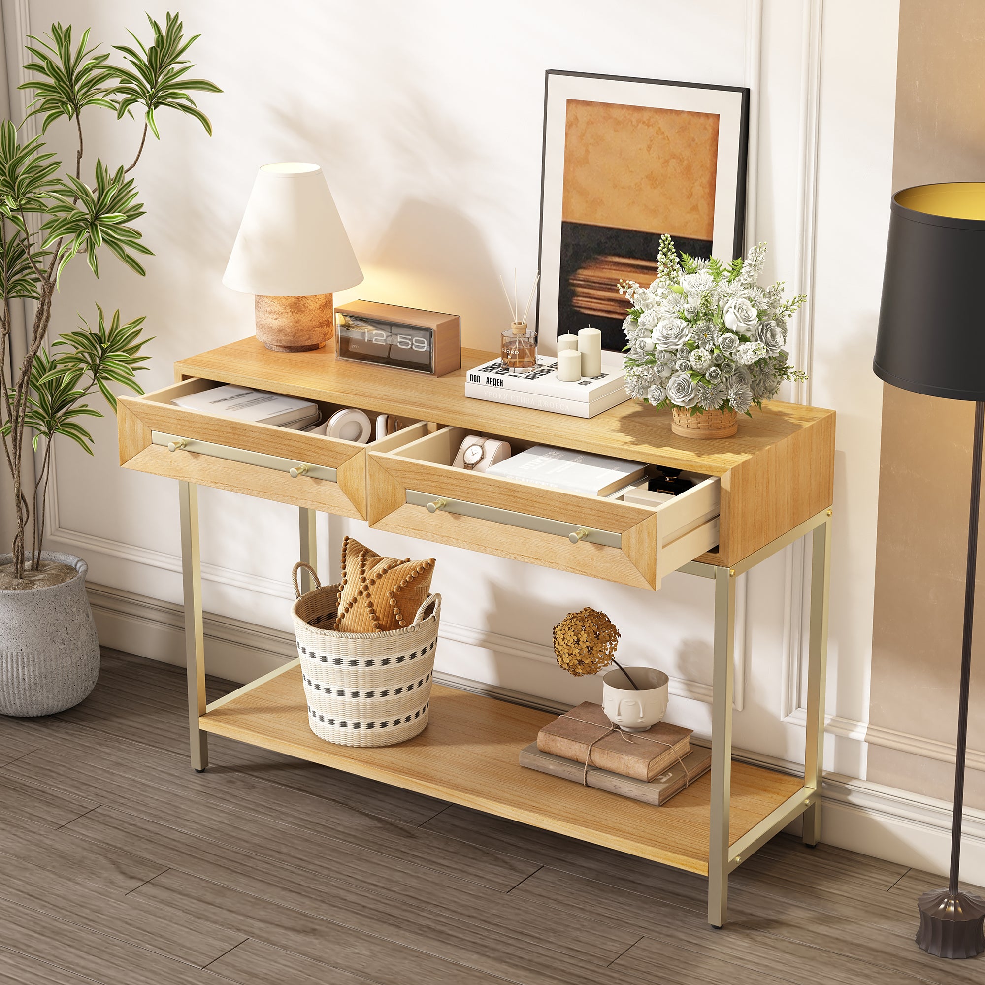 TREXM Entryway Table, Console Table with Two Drawers, Retro Hallway Table with Striking Geometric Design for Entryway and Living Room (Natural) - Abrihome