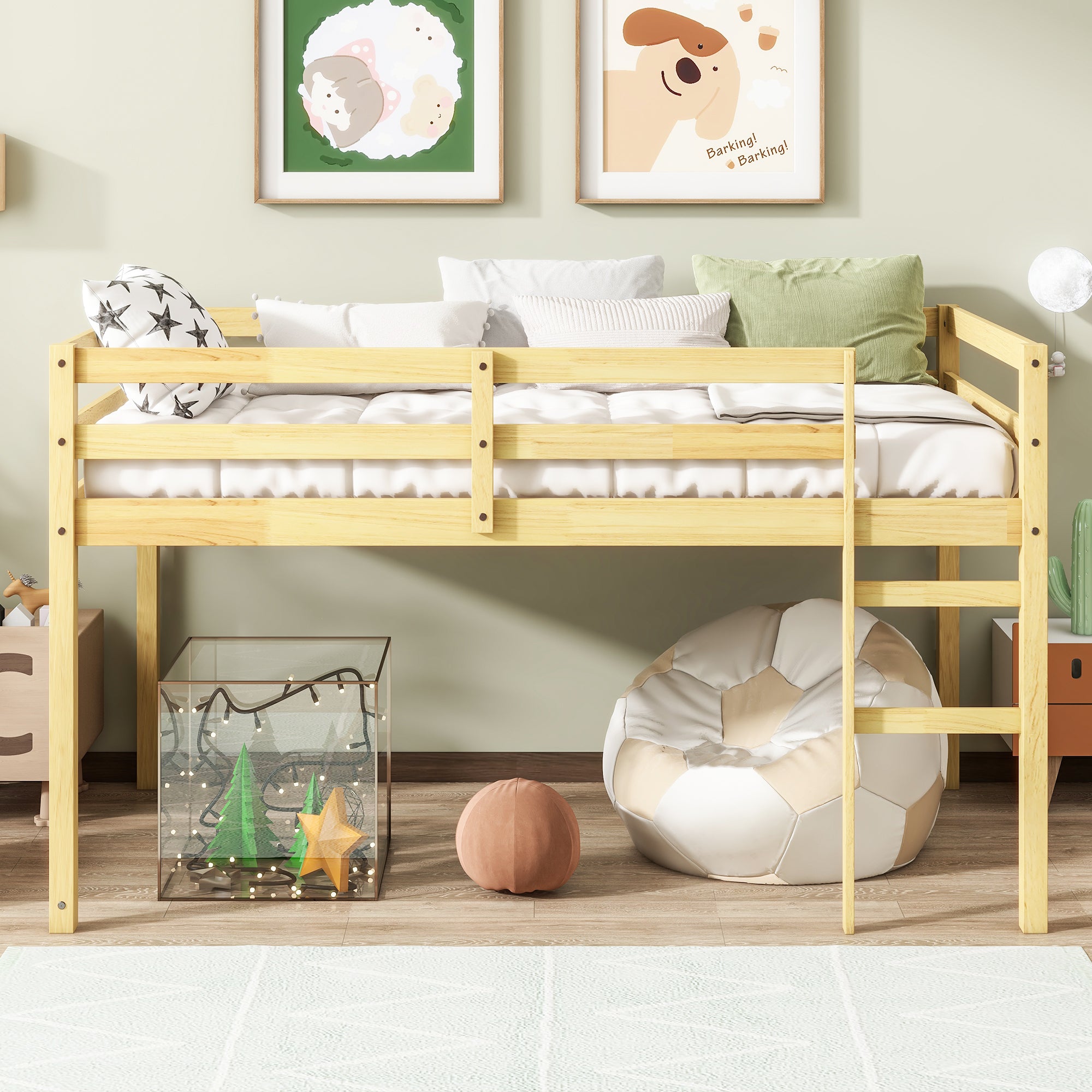Solid Wooden, Rubber Wooden Twin Loft Bed with Ladder, Bed Platform of Strengthened Slats, Natural - Abrihome