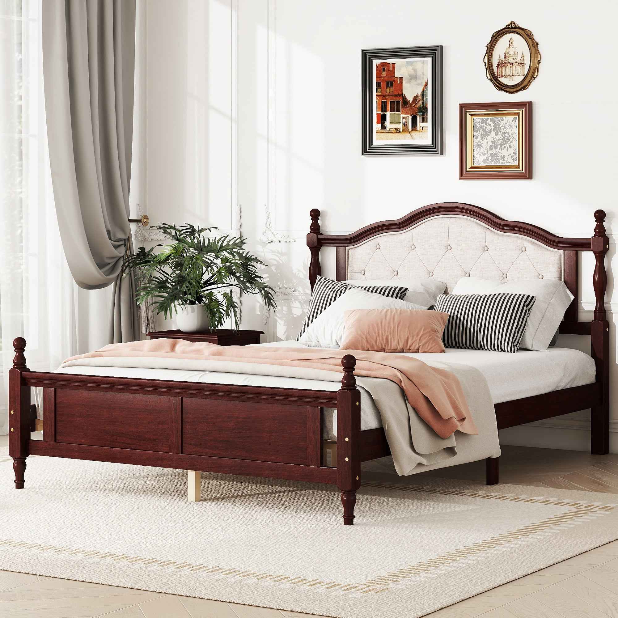 Queen Pine wooden Bed with Upholstered Headboard  and Panel Footboard, with  Two Bed Rail Support Feet and Central Platform Support Feet ,Classic Cherry