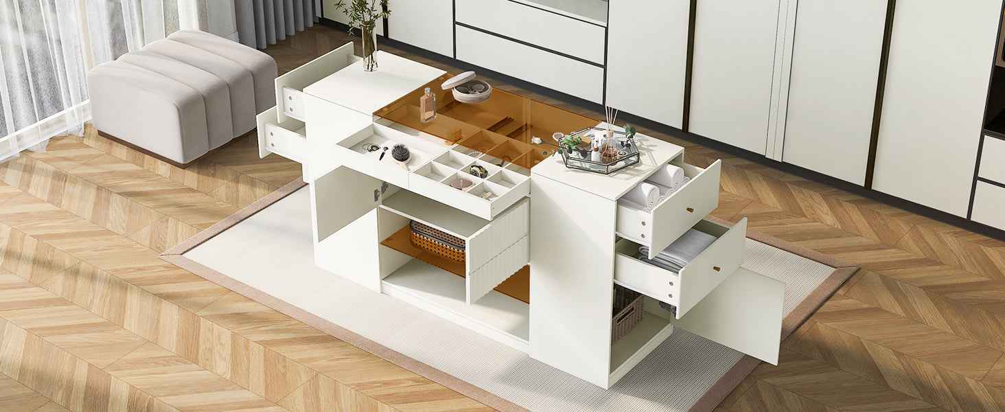 Modern Luxury Multi-Functional Island Vanity Dresser and Storage Cabinet with Glass Tabletop, Display Shelf, 6 Drawers, Cream White MDF