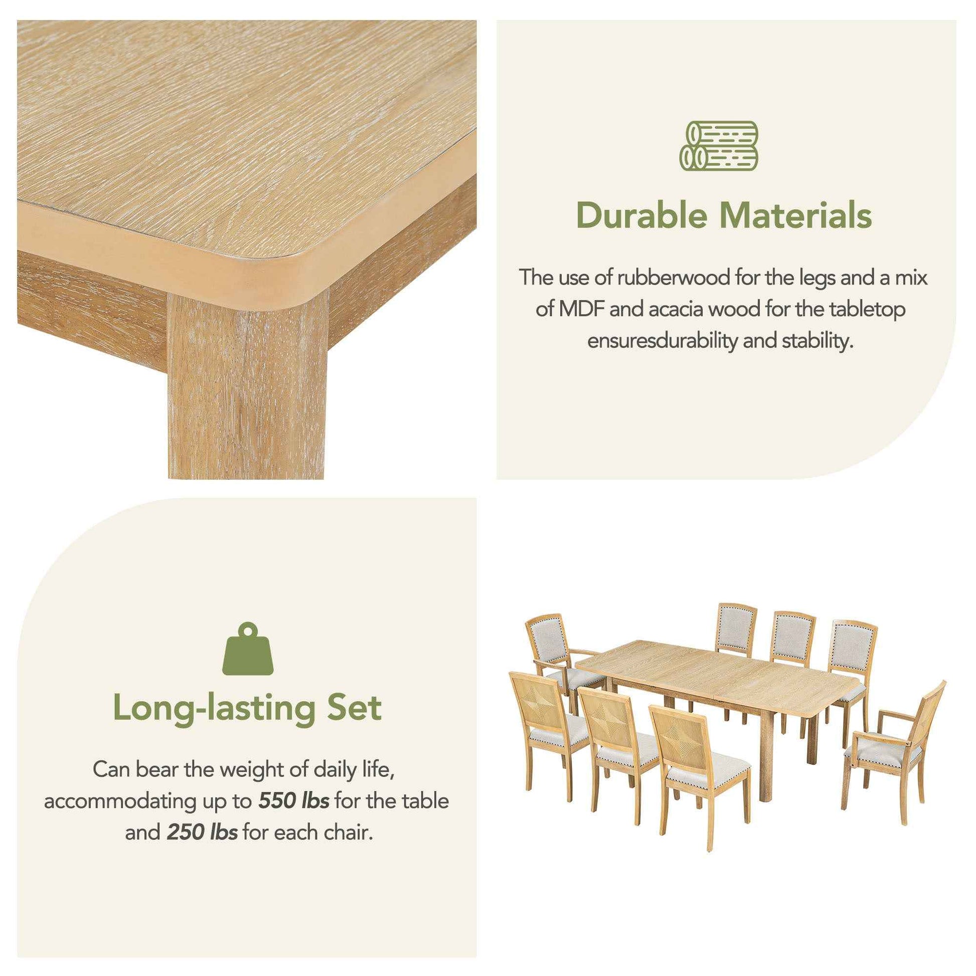 TOPMAX Rustic Extendable Dining Table Set with Removable Leaf, 6 Upholstered Armless Dining Chairs and 2 Padded Arm Chairs, Natural