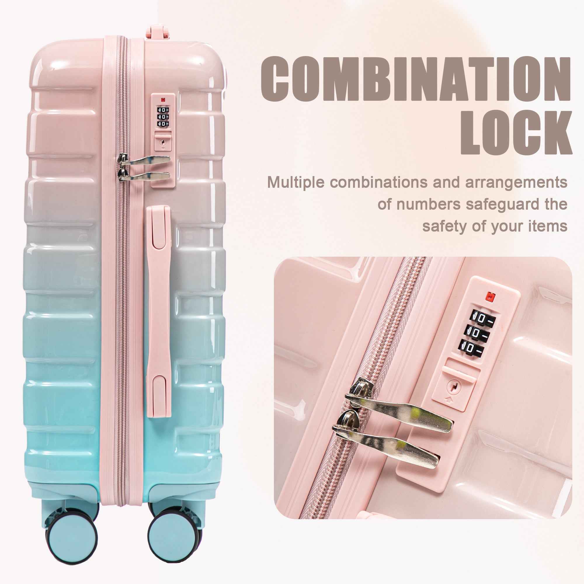 14'/20' 2 pcs/set in PC Spinner Wheel Luggage, Carry on Suitcase, With Gradient Color and Combination Lock(Blue+Pink)