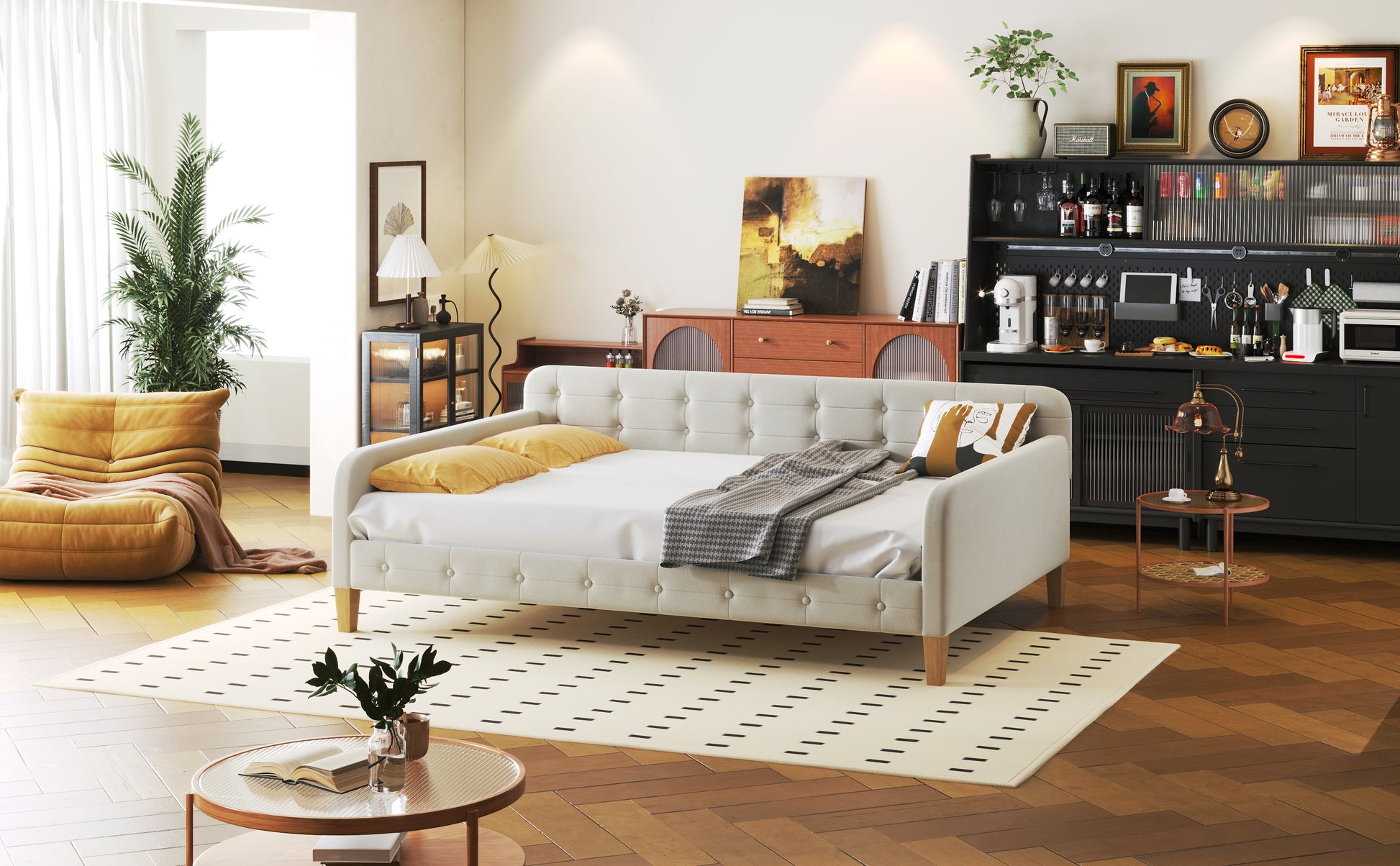 Full Size Upholstered Daybed with 4 Support Legs,White - Abrihome