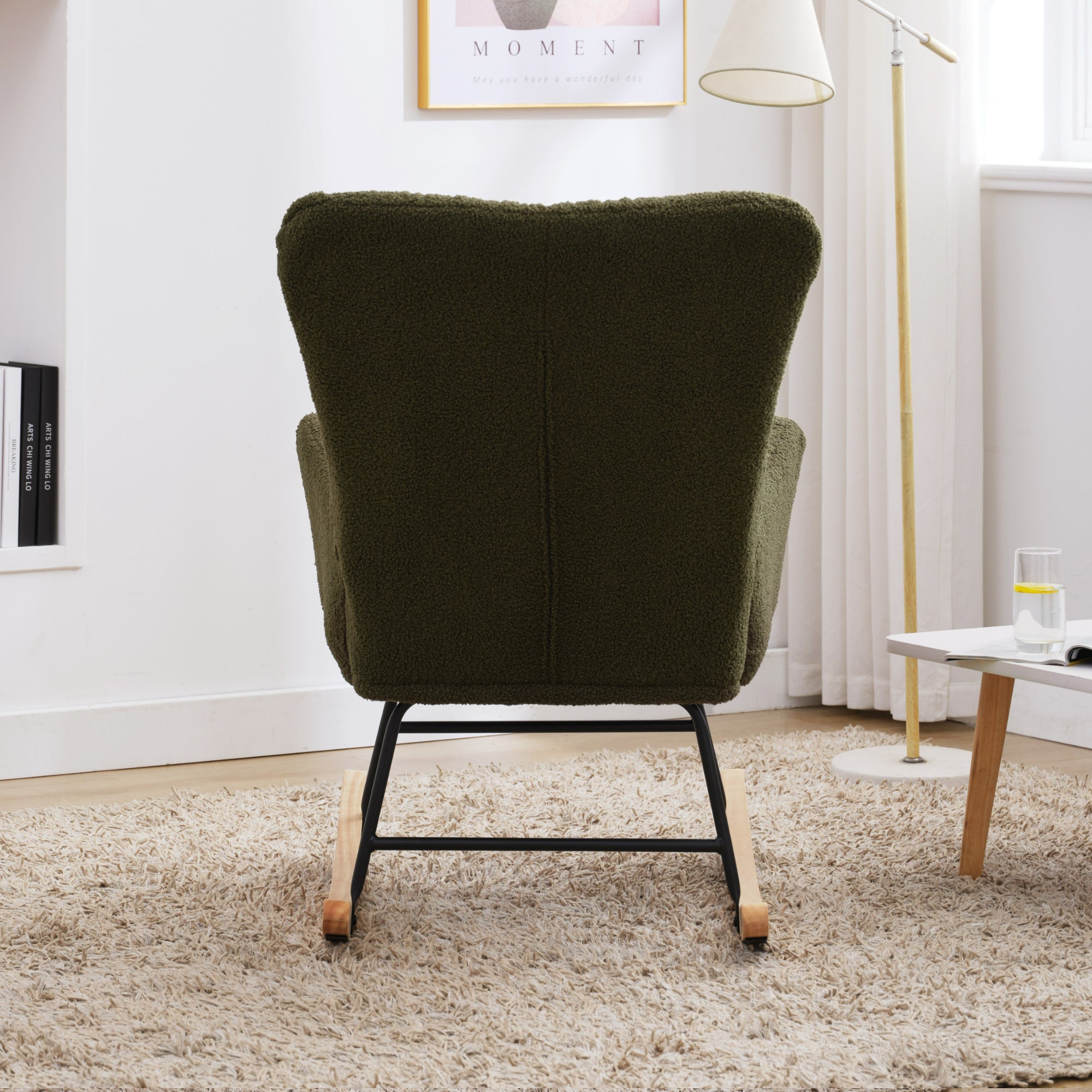 Nursery Rocking Chair, Teddy Upholstered Glider Rocker, Rocking Accent Chair with High Backrest, Comfy Rocking Accent Armchair for Living Room, Bedroom, Offices, DARK GREEN