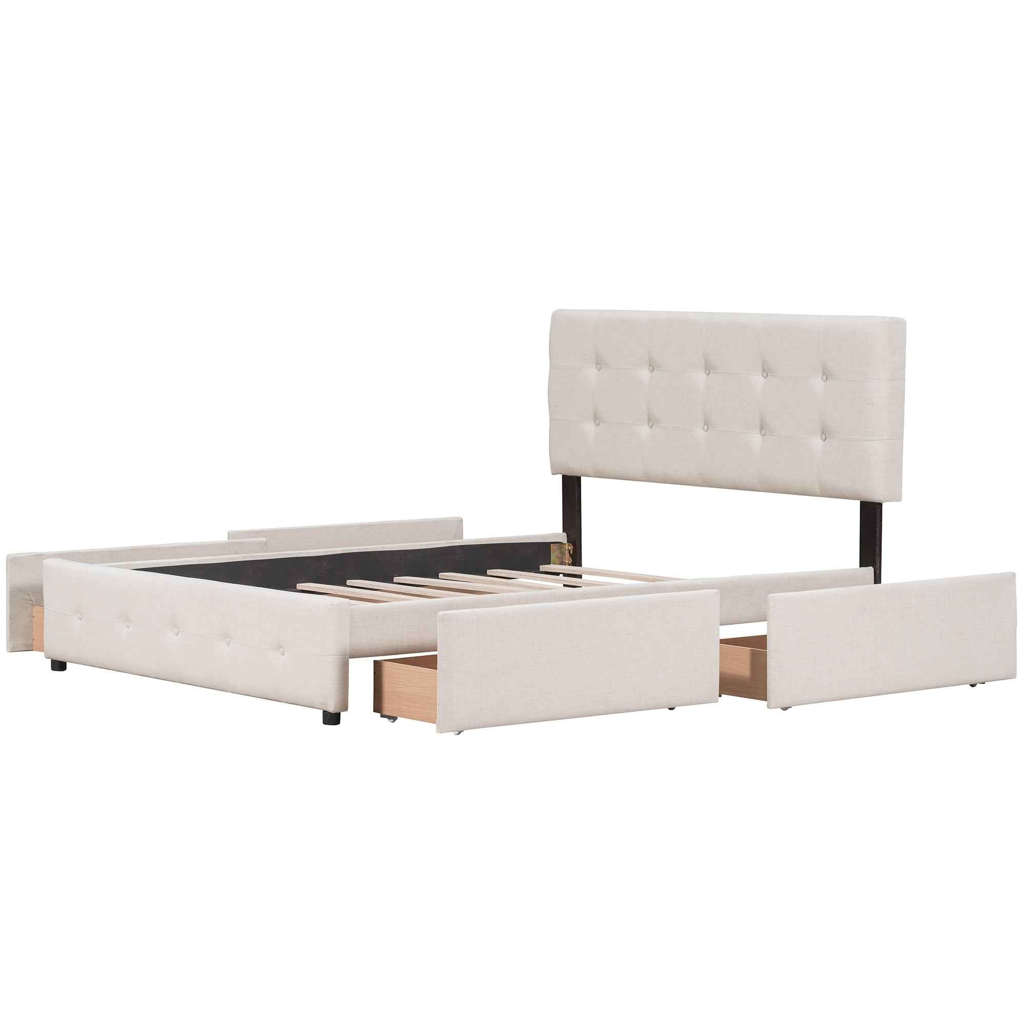 Upholstered Queen Platform Bed with Classic Headboard and 4 Drawers