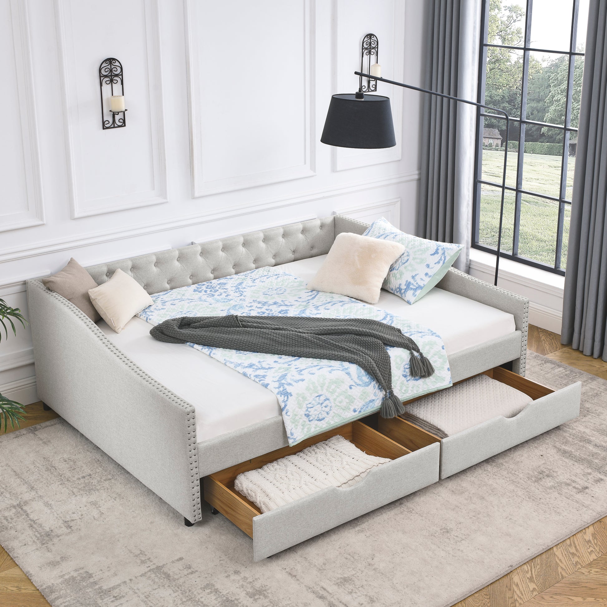 Queen Size Daybed with Drawers Upholstered Tufted Sofa Bed,,with Button on Back and Copper Nail on Waved Shape Arms, Beige (84.5'x63.5'x26.5') - Abrihome