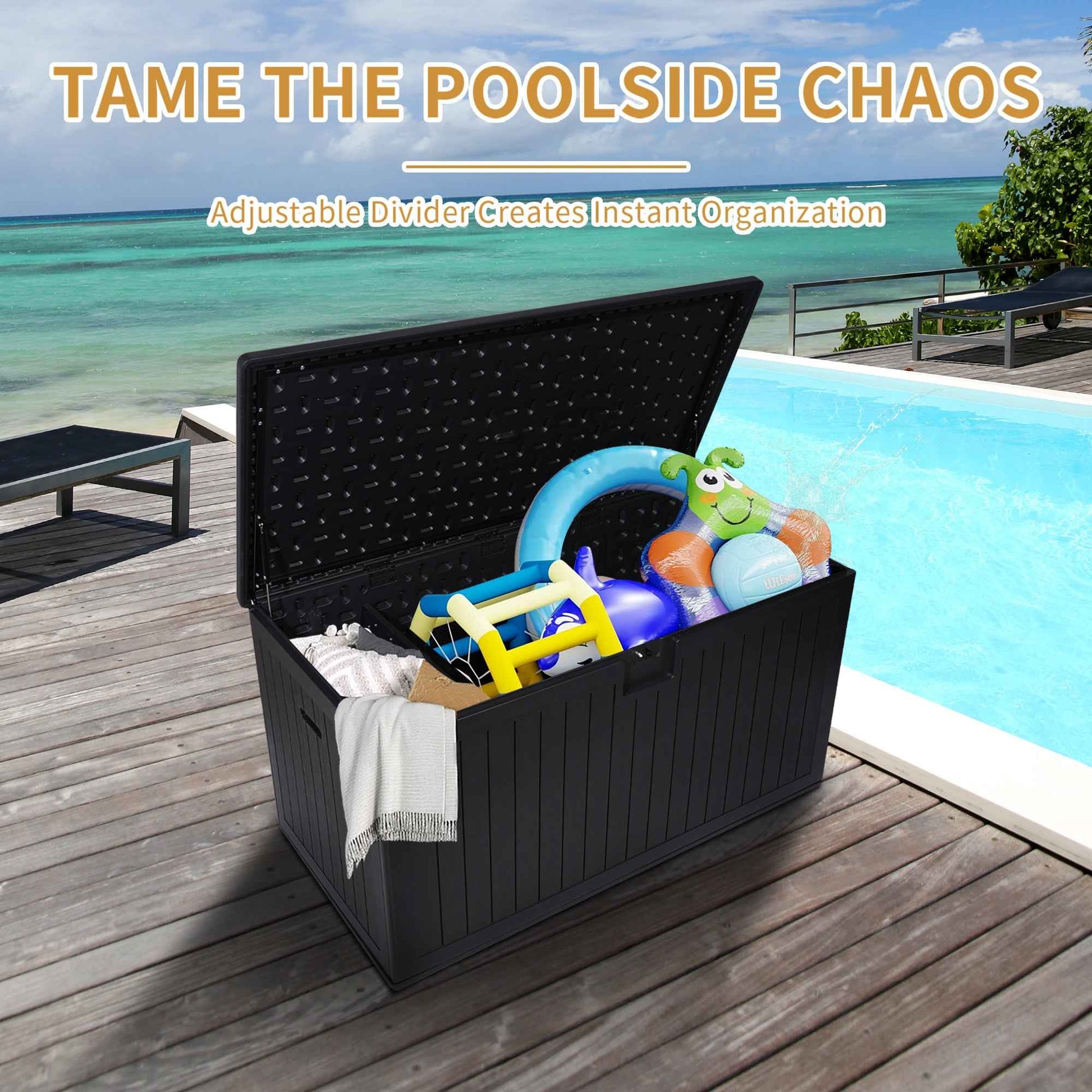 260 Gallon Resin Outdoor Deck Box Waterproof, Extra Large Patio Storage Box with Lockable Storage Containers for Patio Furniture Cushions, Pool Accessories, Garden Tools
