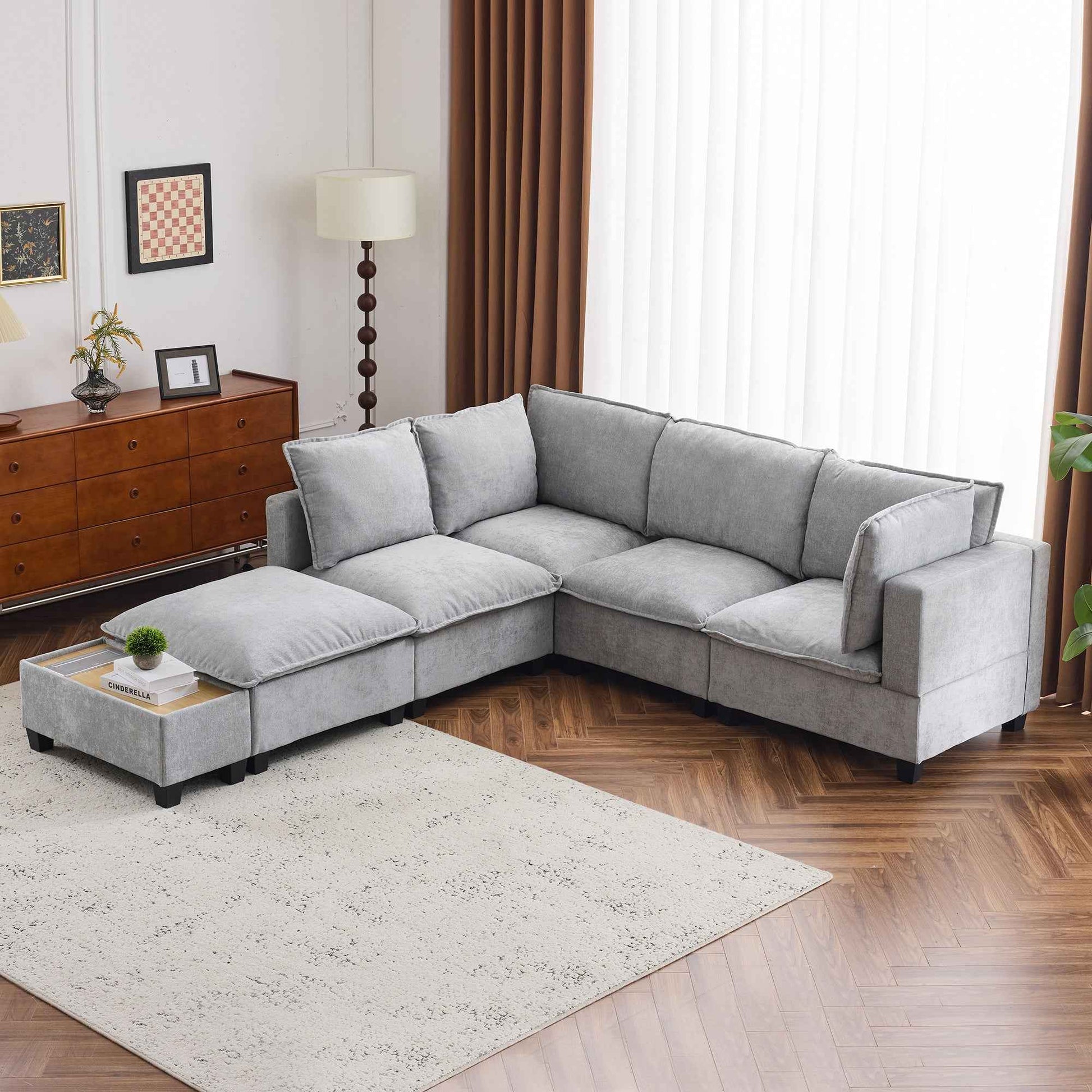 Modular 90' U-shaped Sectional Sofa with Movable Ottoman and Hidden Charging Coffee Table, Grey, Chenille