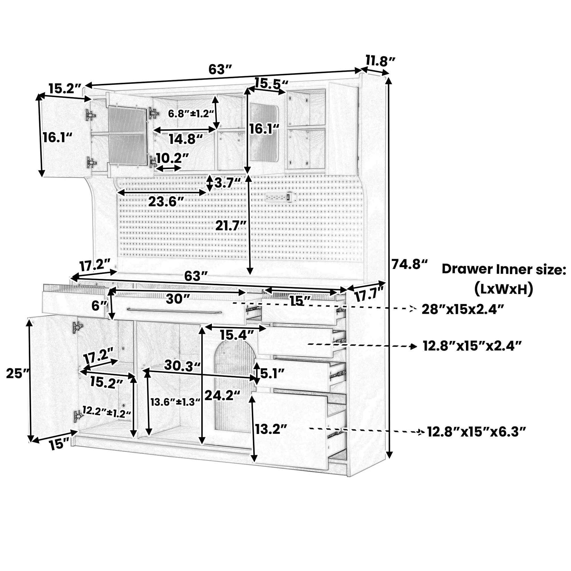 (Assembly Video Offered) TOPMAX Freestanding 63'' W Buffet with Hutch, Large Coffee Bar Storage Cabinet with 6 Drawers, 5 Cabinets with Adjustable Shelves,Pegboard,Towel Rack, Power Outlet,Black