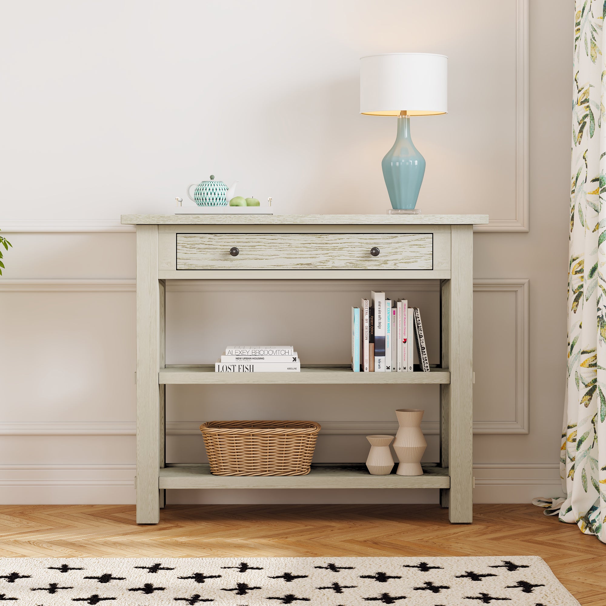 TREXM Retro Console Table with Drawer and Two Sturdy Shelves for Entryway, Living Room (Gray Wash)