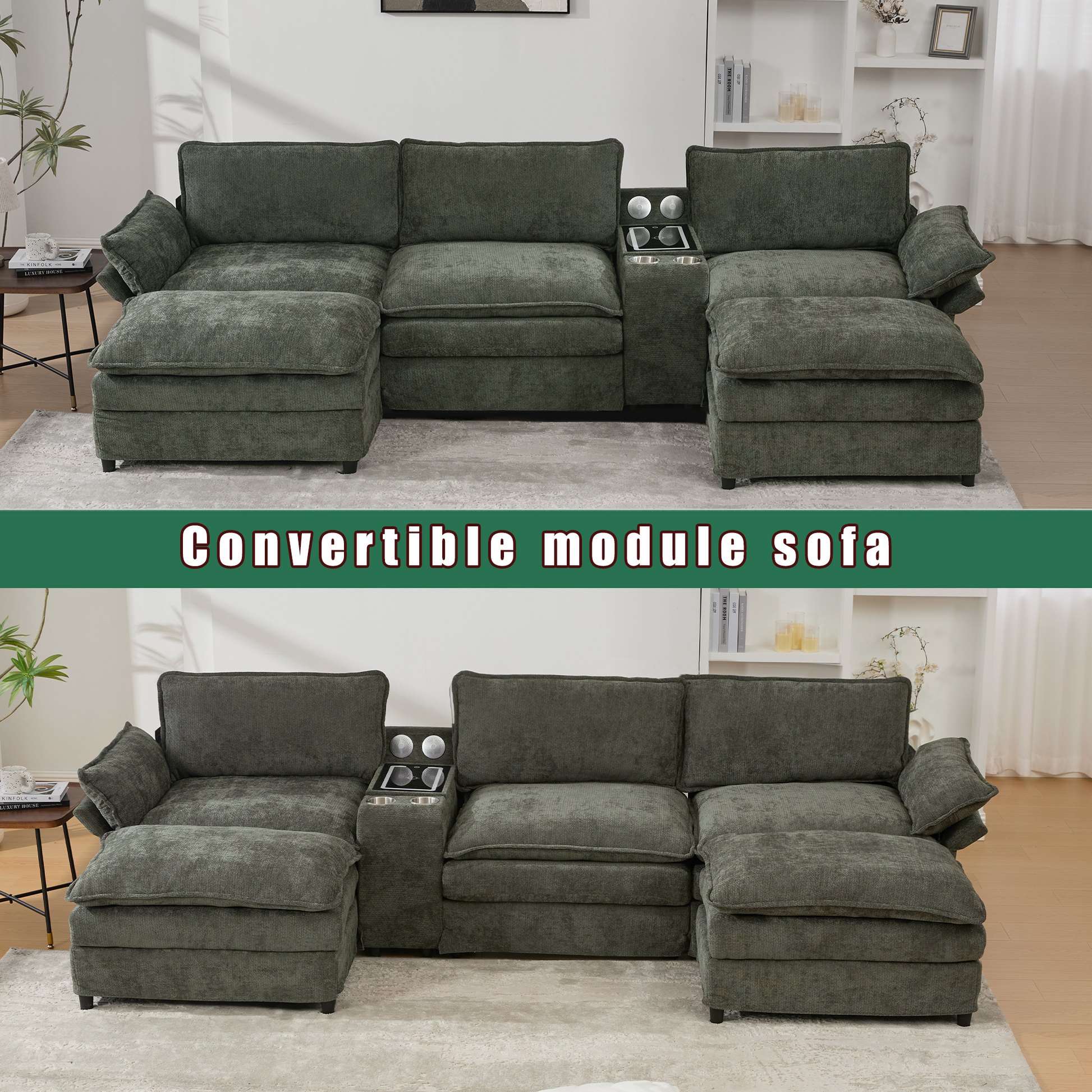 [NEW ARRIVED] [VIDEO PROVIDED]U Shaped Modular Sectional Sofa,Storage Console & Wireless Charging,2 Cup Holders,Bluetooth Speakers,2 Movable Footstools,Adjustable handrail,Movable seat,Chenille,Green