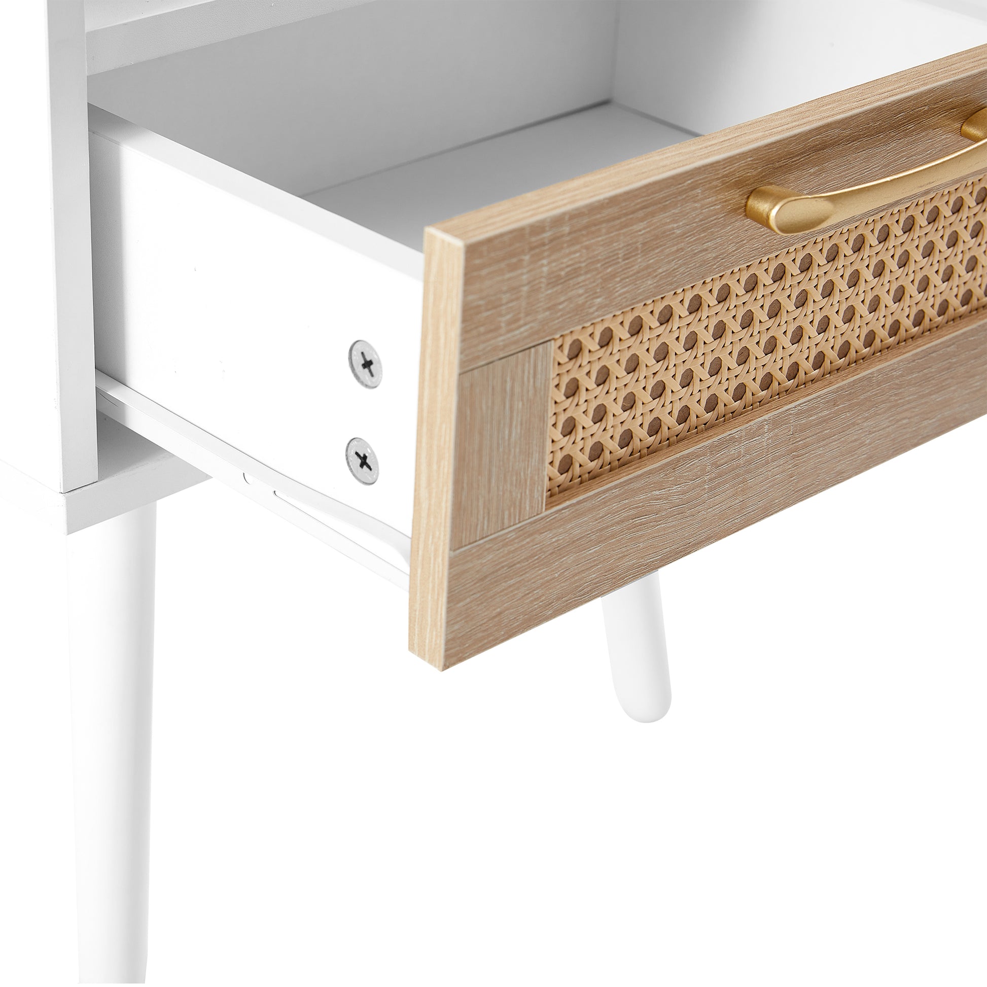 15.75" Rattan End table with Power Outlet  & USB Ports , Modern nightstand with drawer and solid wood legs, side table for living room, bedroom, white - Abrihome