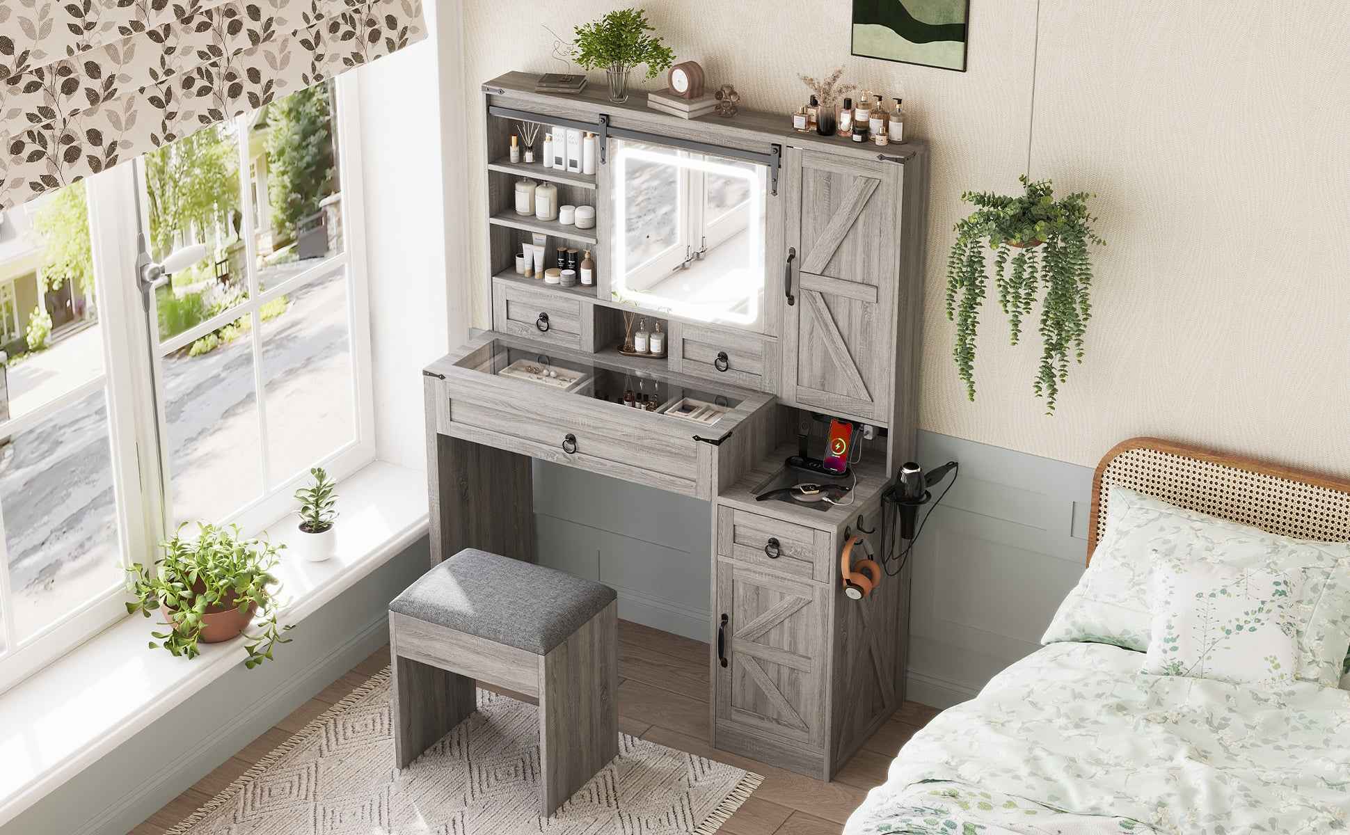 Farmhouse Vanity Desk with Sliding Mirror and Lights, Vanity Set with Glass Top and Charging Station ,Dressing Table with 4 Drawers and 2 Cabinets, Dressing Table with Stool for Bedroom, Gray