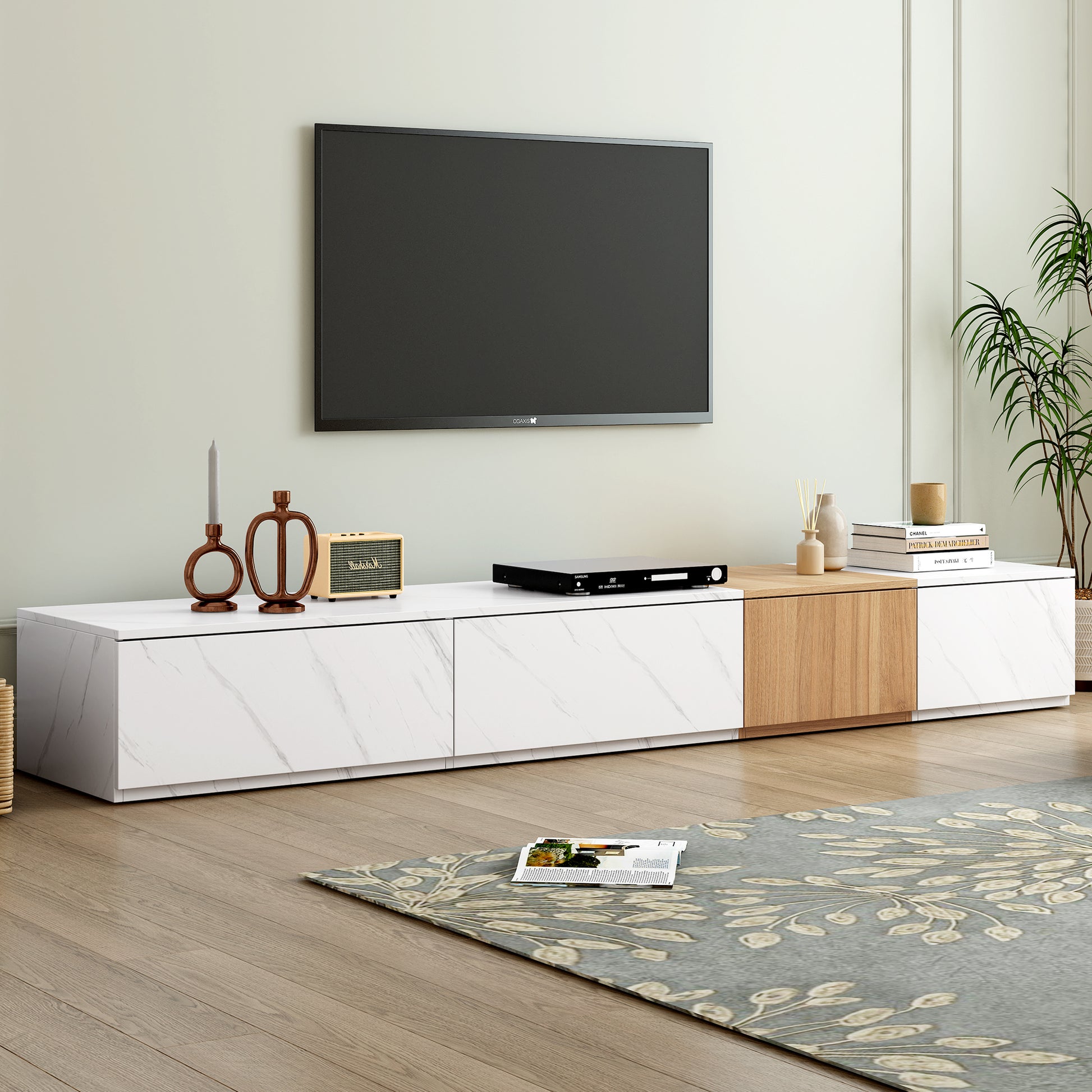 ON-TREND TV Stand with Faux Marble and Walnut Wood Grain Finish for TVs up to 88'', Modern Free-Combination Entertainment Center with 4 Storage Drawers for Living Room, White - Abrihome