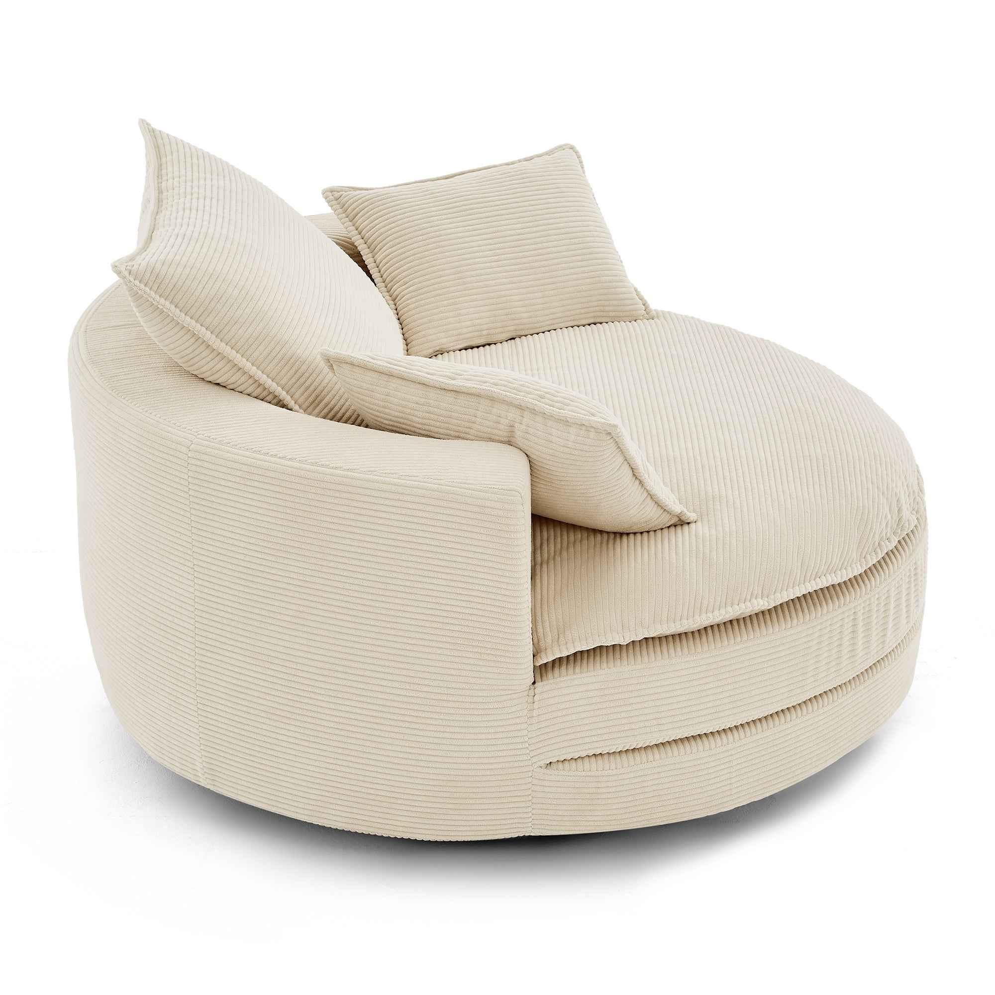 Accent Barrel Chair 360° Swivel Sofa Chair with Dual-layer Cushion and 3 Removable Pillows, Beige Corduroy, 57.5'