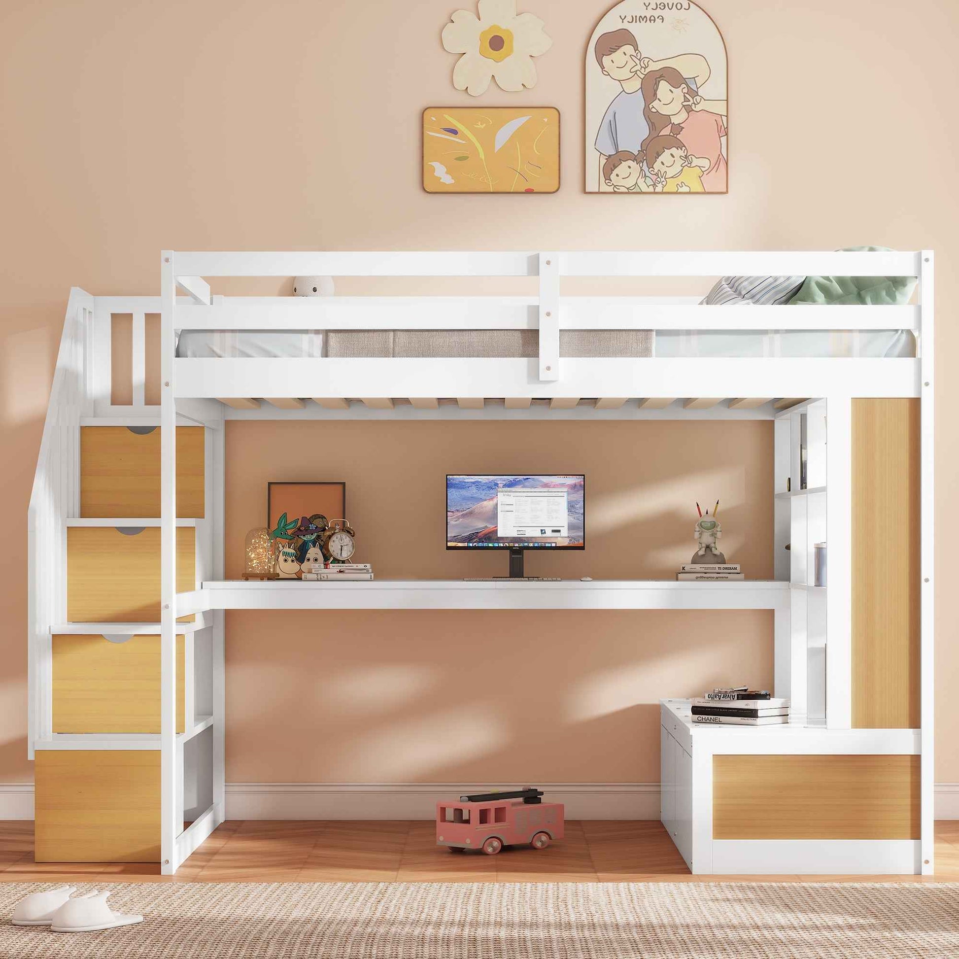 Full Size Loft Bed with Desk and Shelves, Two Built-in Drawers, Storage Staircase in White and Natural Finish, Solid Pine Wood and MDF Construction