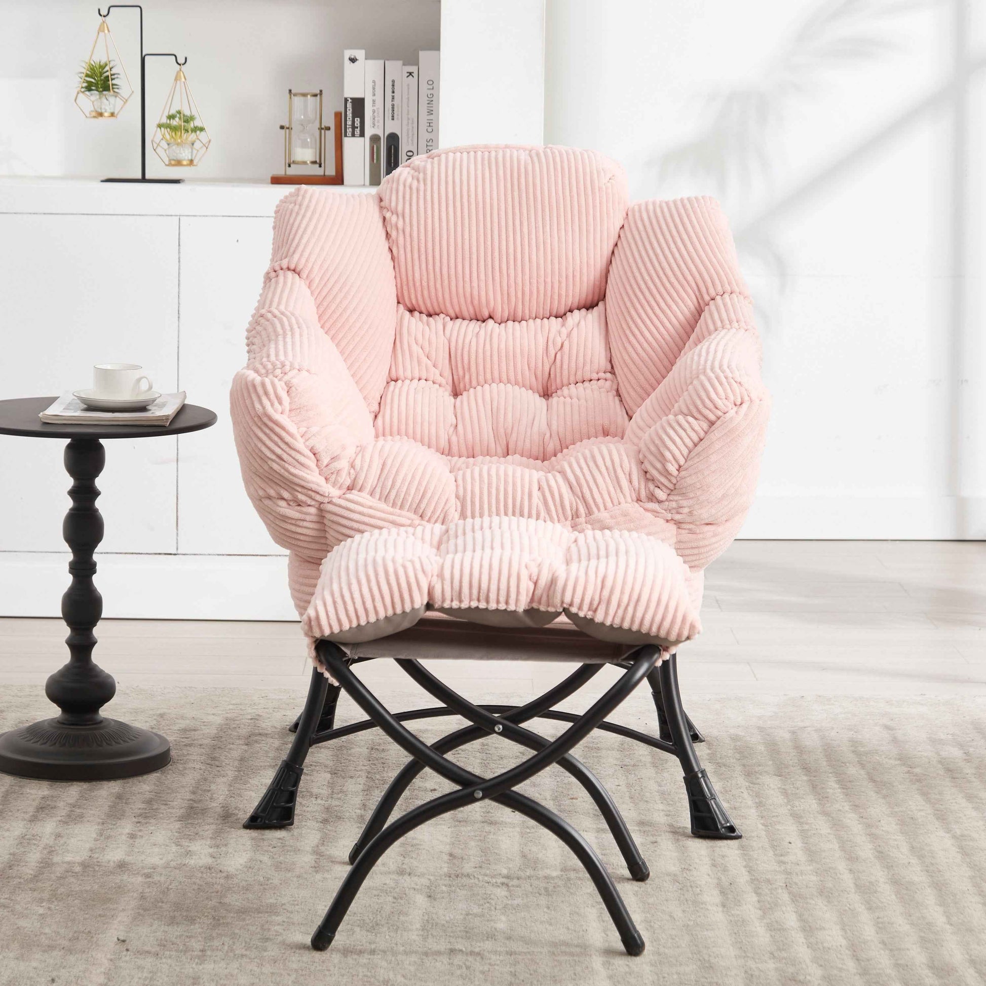 Lazy Chair with Ottoman, Modern Lounge Accent Chair with Armrests and a Side Pocket, Leisure Upholstered Sofa Chair Reading Chair with Footrest for Small Space, Corner Chair-Pink
