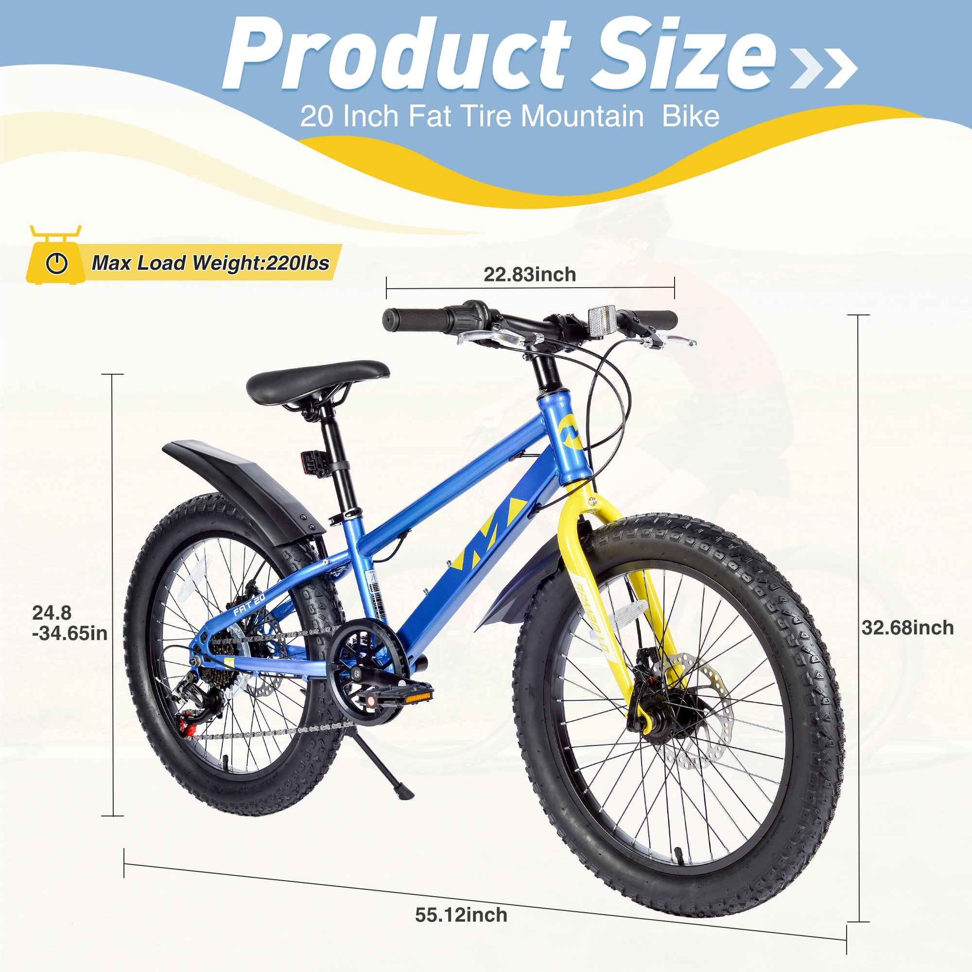 20 Inch Kids Bicycles , Fat Tire Mountain Bike for Boys and Girls Age 5 + Years ,7-Speed Dual-Disc Brake ,Kids Beach and Snow Bicycle