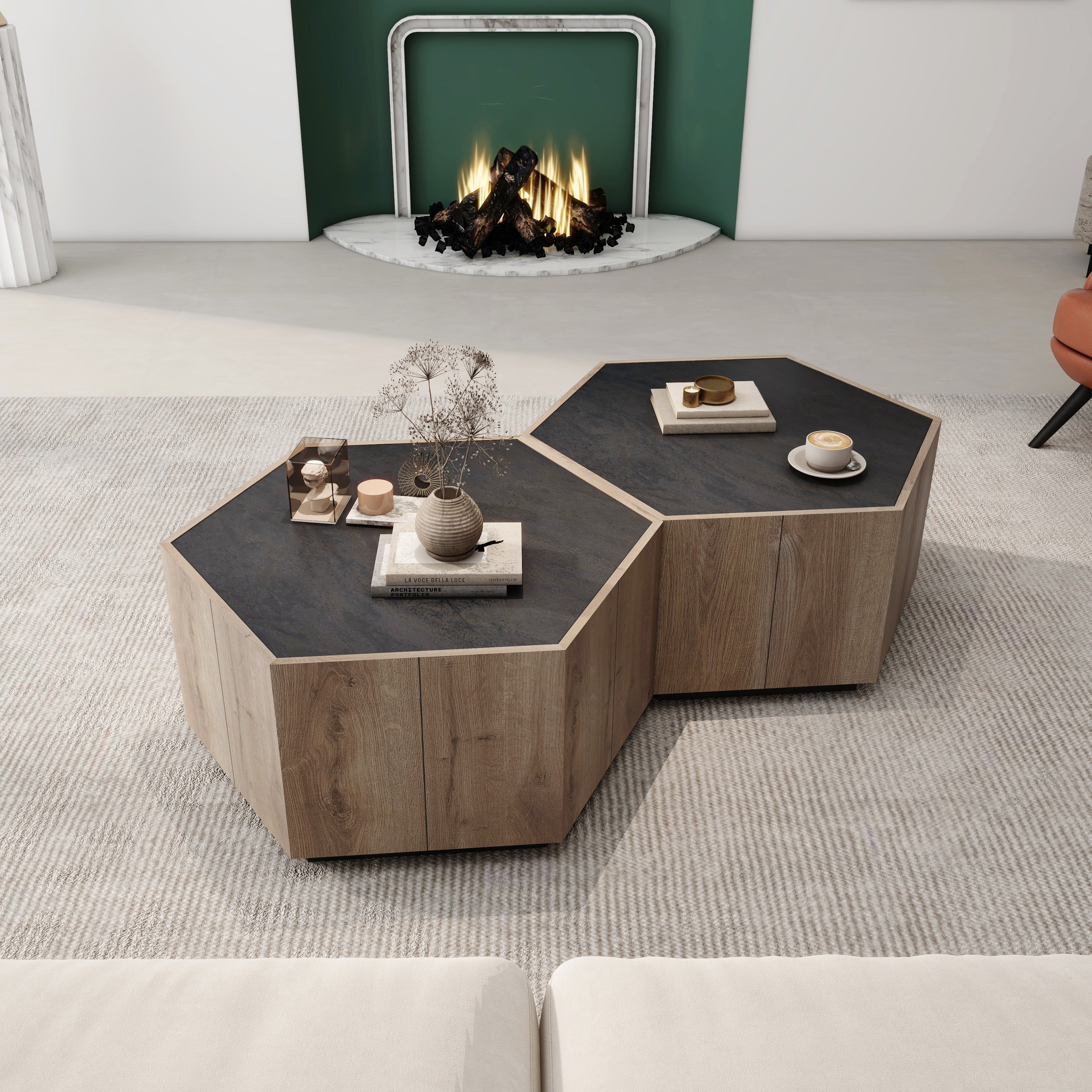 Hexagonal Rural Style Garden Retro Living Room Coffee Table with 2 drawers, Textured Black + Warm Oak