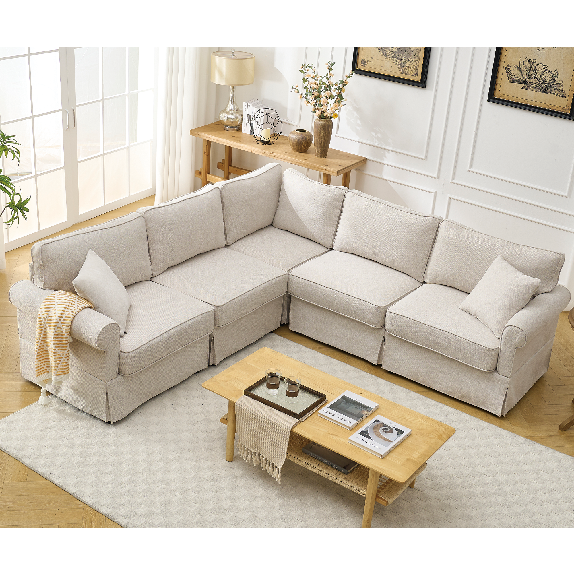 [NEW ARRIVED] [VIDEO PROVIDED]   Modular Sectional Sofa Set,Convertible L Shaped Couch ,5 Seat,Reversible Sectional Sofa Couch,Upholstered,Corner Sofa,Rolled Arms,Soft Linen Fabric,  Beige
