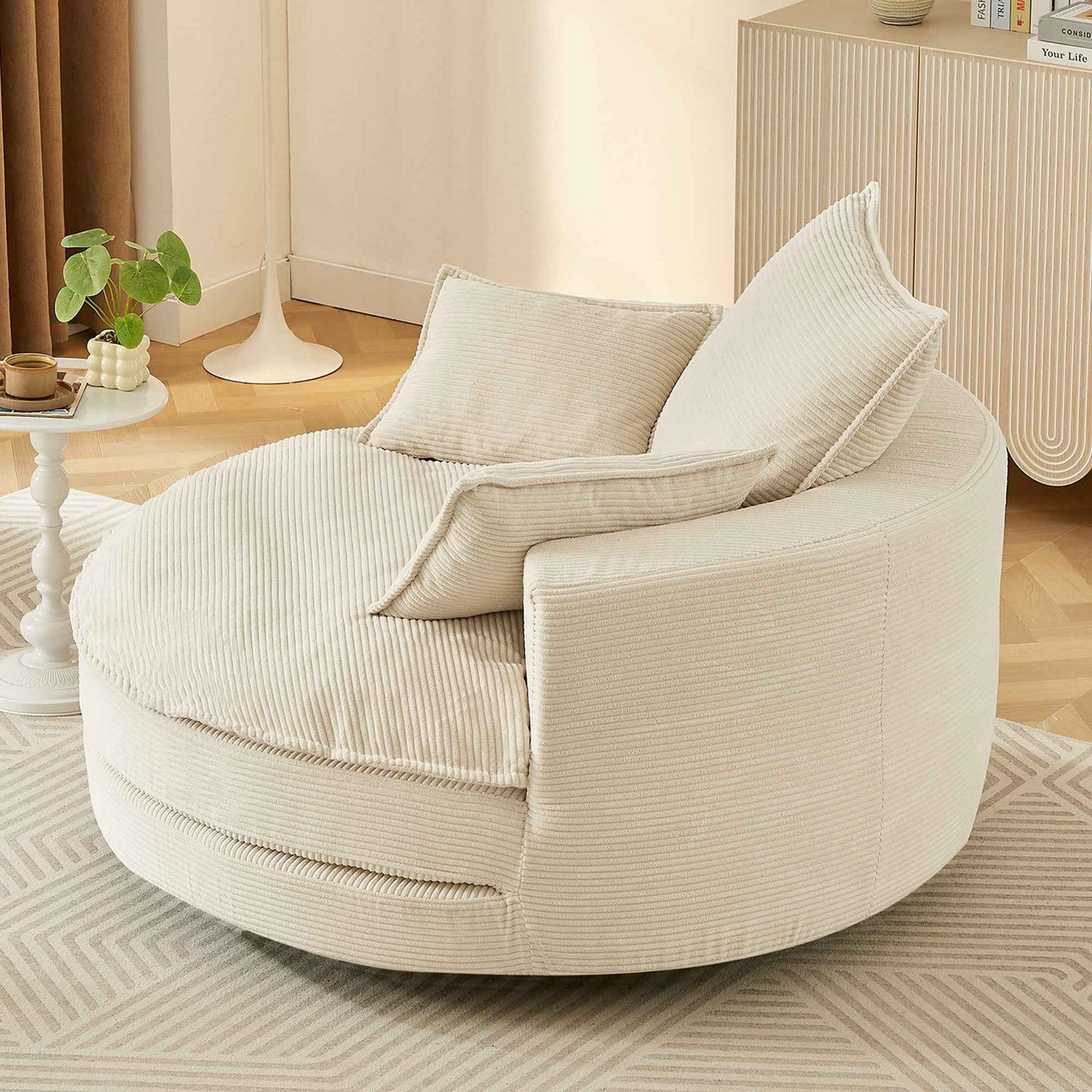 Accent Barrel Chair 360° Swivel Sofa Chair with Dual-layer Cushion and 3 Removable Pillows, Beige Corduroy, 57.5'