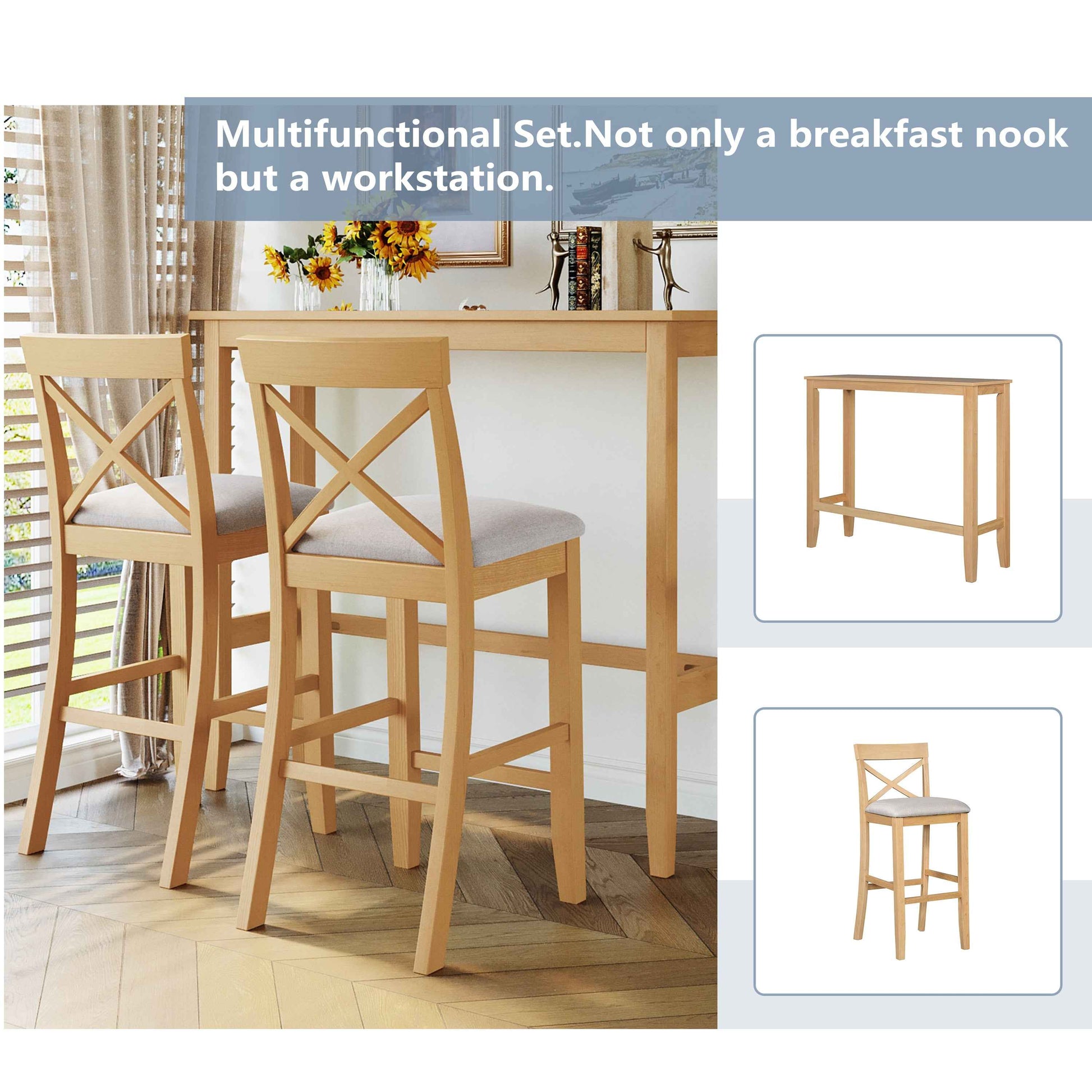 TOPMAX Farmhouse 48'Rectangular Wood Bar Height Dining Set Kitchen Breakfast Nook with 2 Chairs for Small Places,Natural+Beige