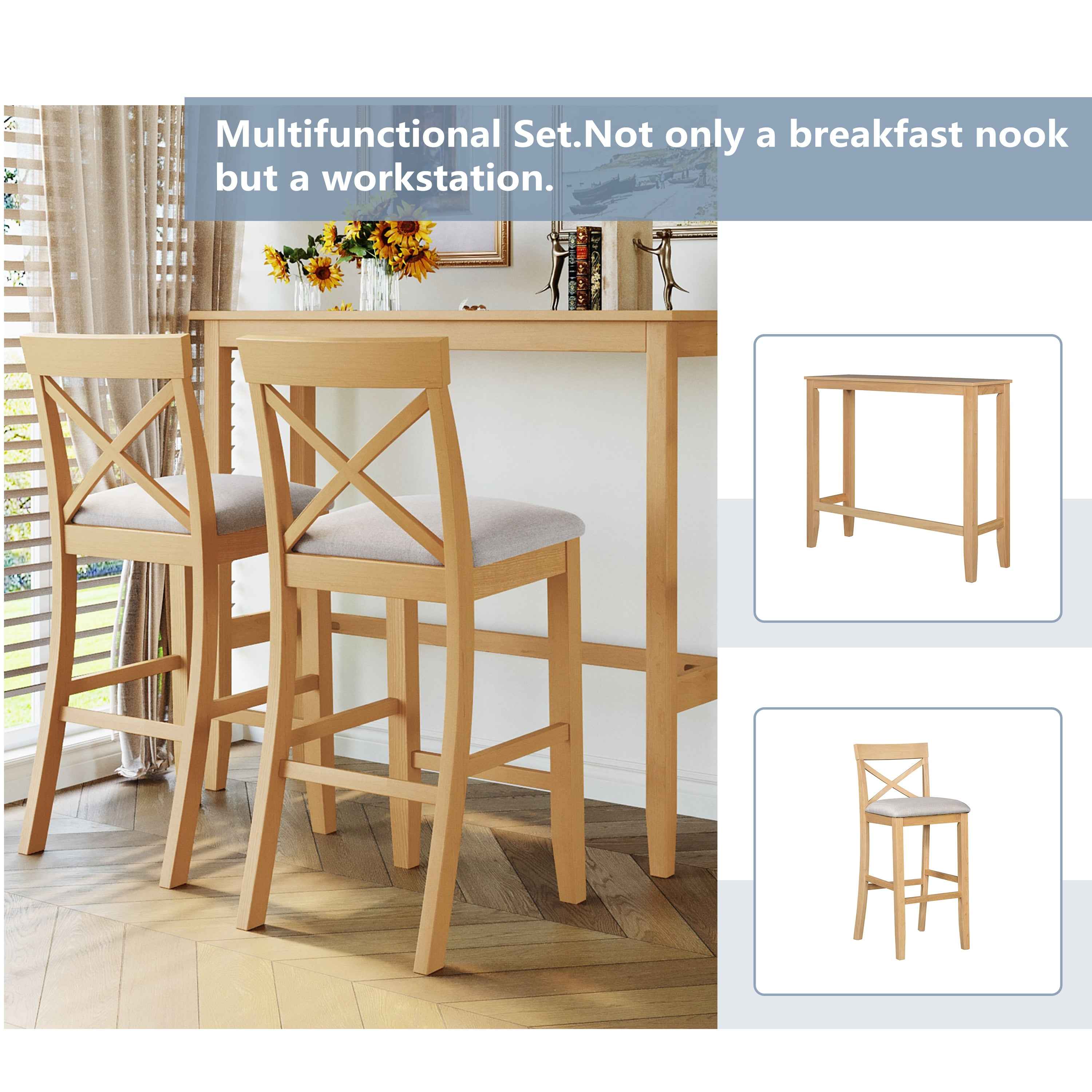 TOPMAX Farmhouse 48'Rectangular Wood Bar Height Dining Set Kitchen Breakfast Nook with 2 Chairs for Small Places,Natural+Beige