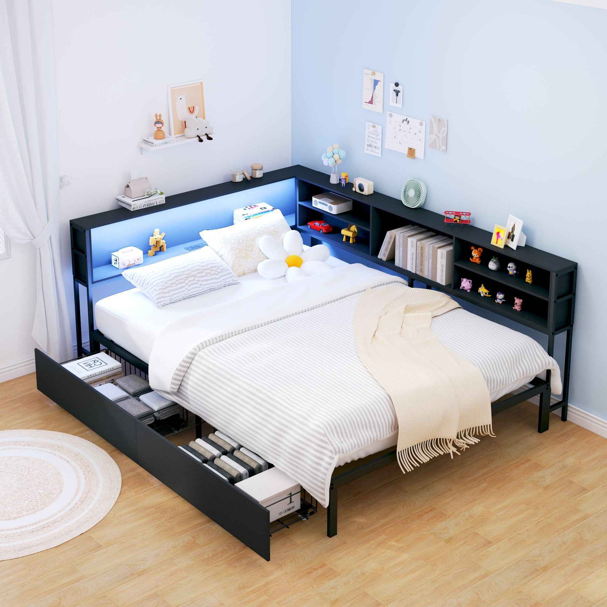 Full Corner Daybed with Storage, Bookcase Headboard, LED Light & Built-in Charging Station
