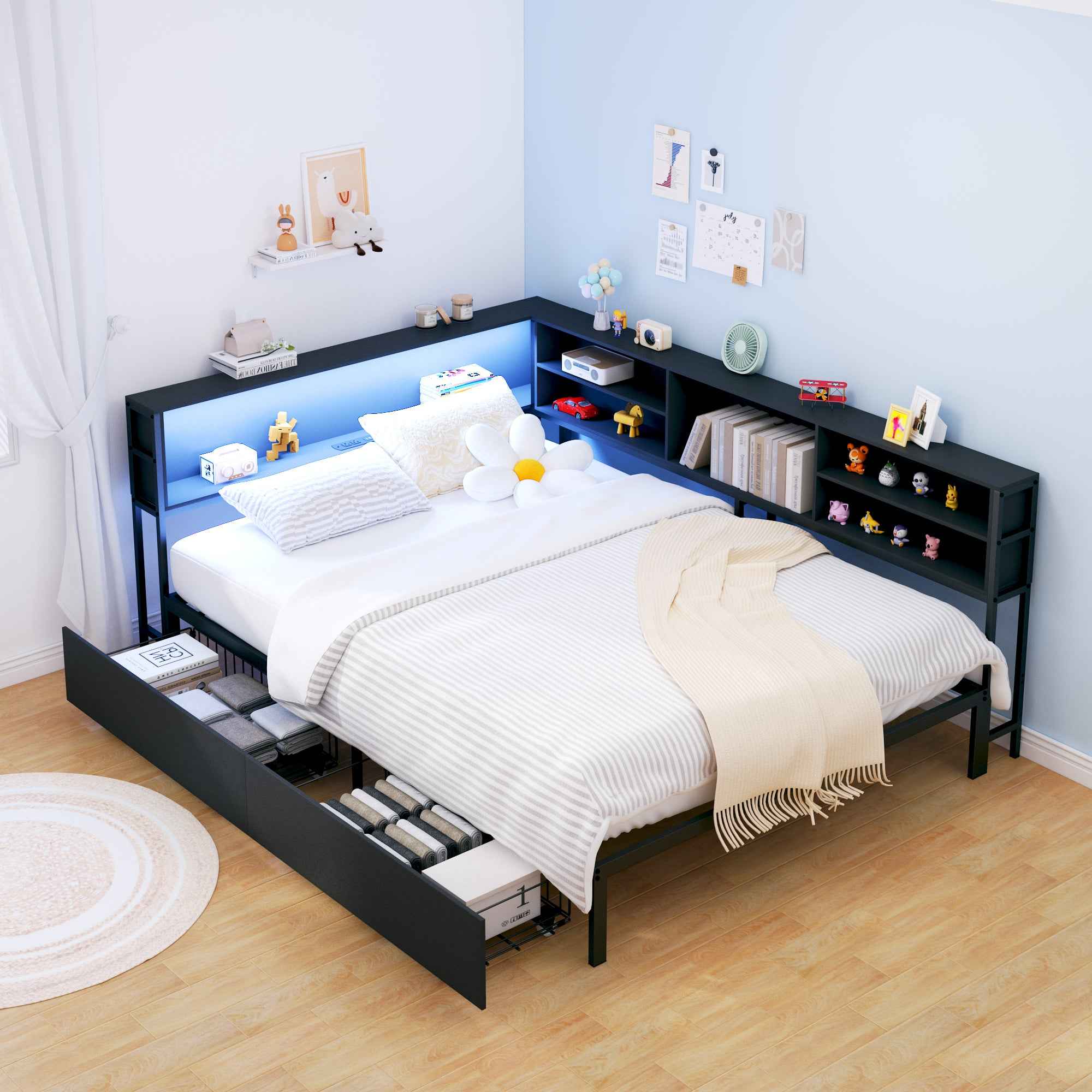 Full Corner Daybed with Storage, Bookcase Headboard, LED Light & Built-in Charging Station