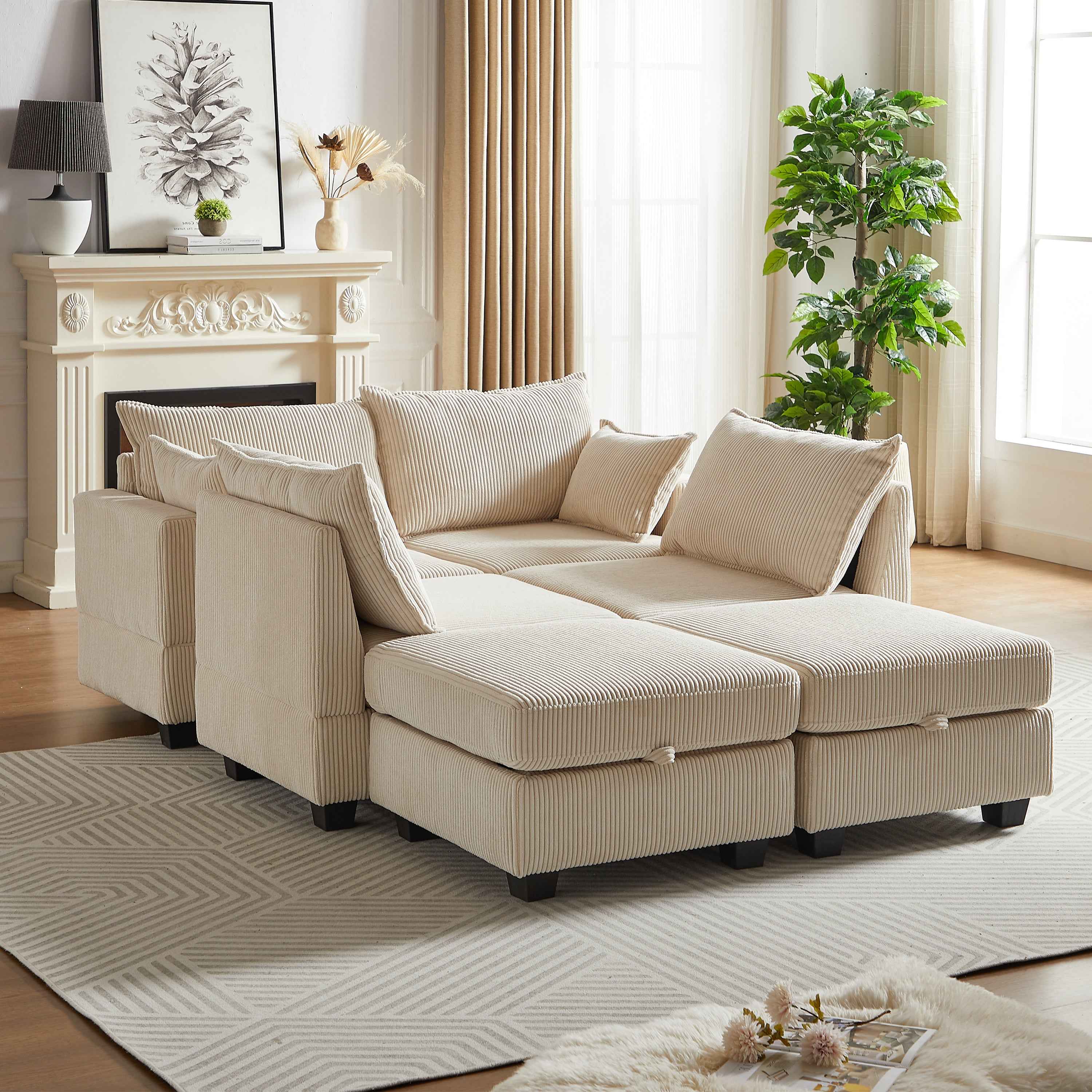 113.5'' Modular Sectiona Corduroy Sofa, Sectional Couches for Living Room U Shaped Sectional Couch with Storage Ottoman, 6 Seats Convertible Sectionals with Chaise